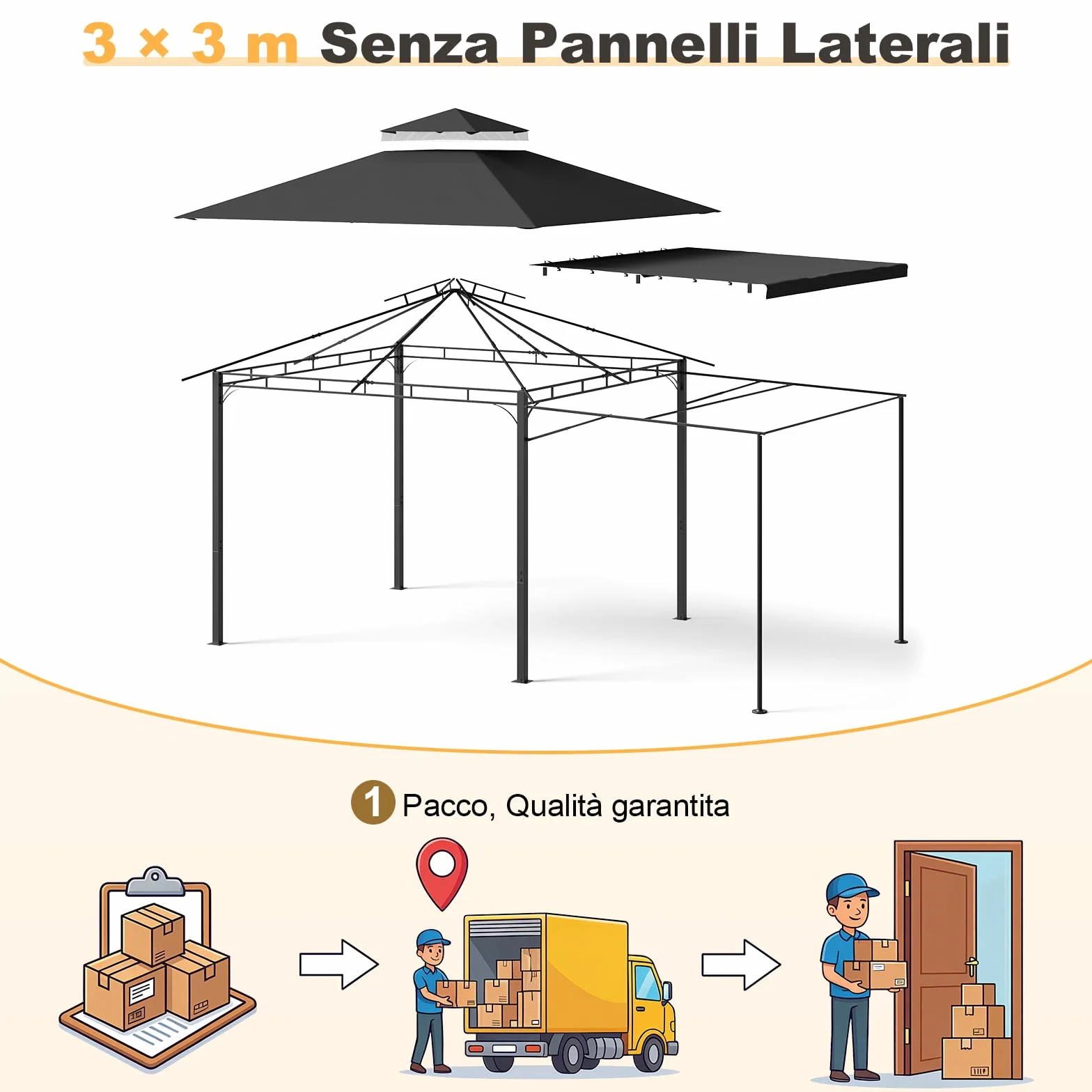 Devoko Gazebo Esterno 3x3m Impermeabile Protezione UV 50+ Pavillon Fisso Giardino 3x4.7m Grigio