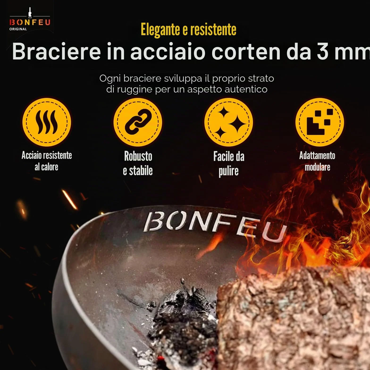 BonFeu BonBowl Braciere da Giardino Ø100 cm Acciaio Corten Robusta Bocchetta di Fuoco 100x100x21 cm
