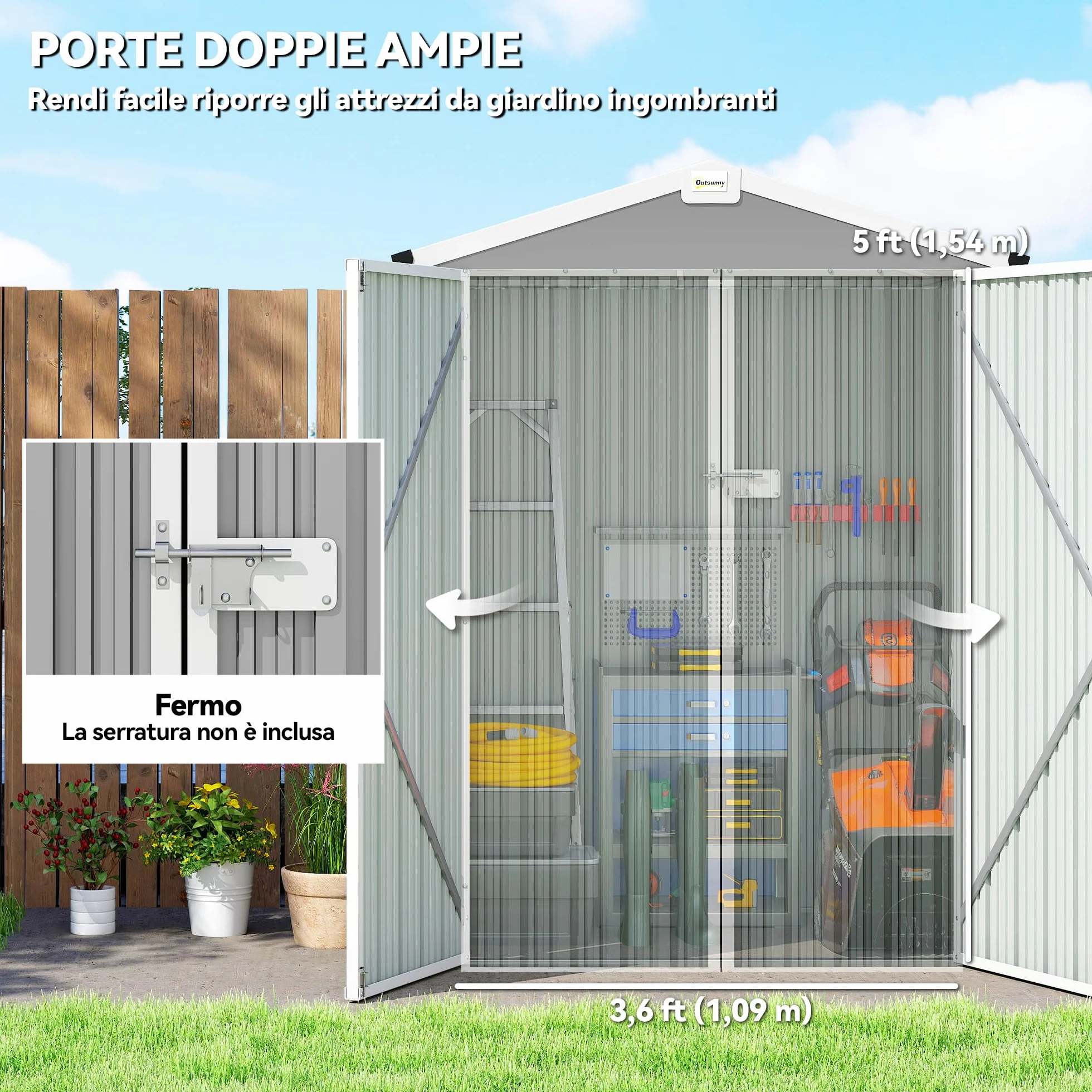 Outsunny Casetta da Giardino 1.1m² Acciaio Zincato Doppie Porte Larghe Bloccabili Tetto Inclinato 133x87x178 cm Grigio Argento