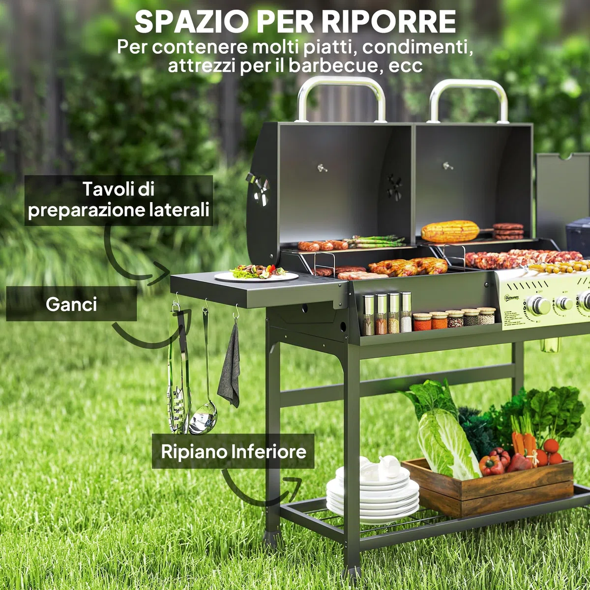 Outsunny Barbecue a Carbone e Gas in Acciaio, BBQ 2+1 Bruciatori 7kW con Coperchio, Termometro, Ruote, Nero