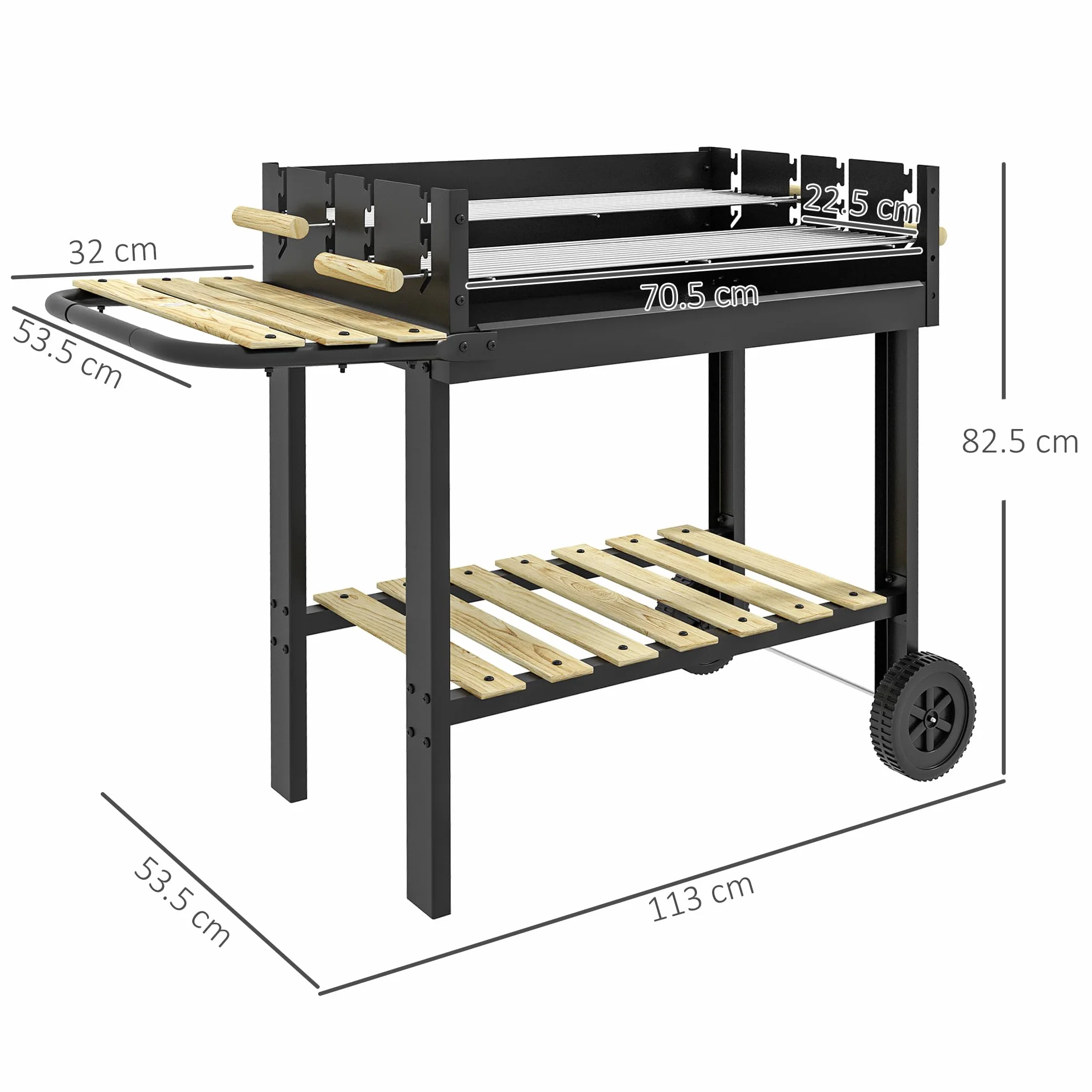 Outsunny Griglia per Barbecue a Carbonella Regolabile 2 Griglie 2 Ripiani Rotelle 113x53.5x82.5 cm Nera