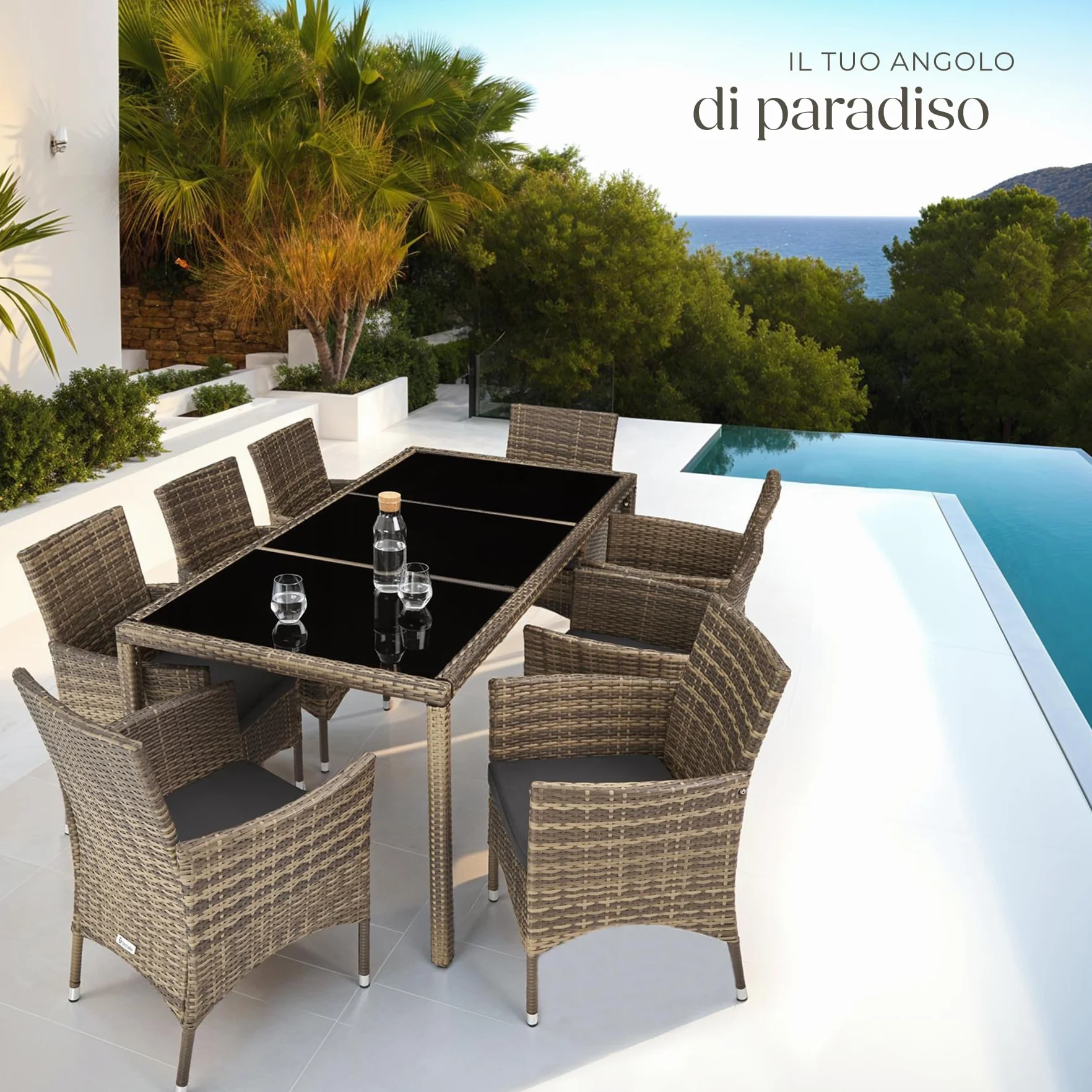 tectake® Set Mobili Giardino 8 Sedie 1 Tavolo Cuscini Morbidi Poli Rattan Naturale/Grigio Scuro