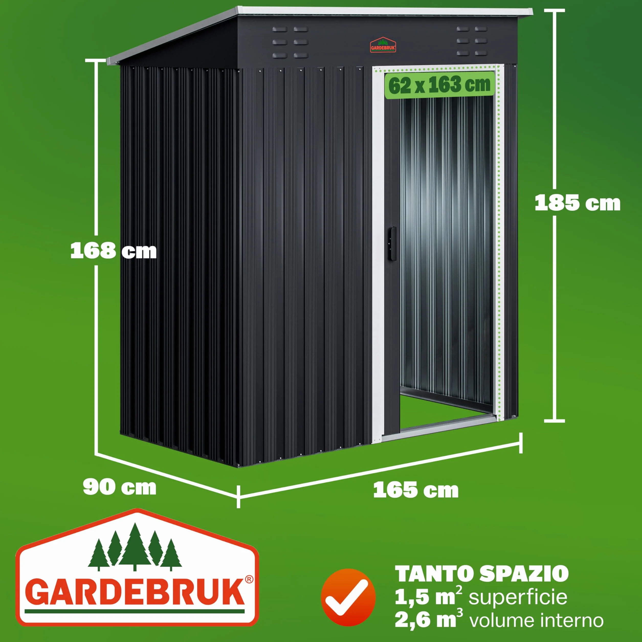 GARDEBRUK Casetta da Giardino Porta Attrezzi 185x165x90cm 1,5m² con Porta Scorrevole Armadio da Esterno in Metallo