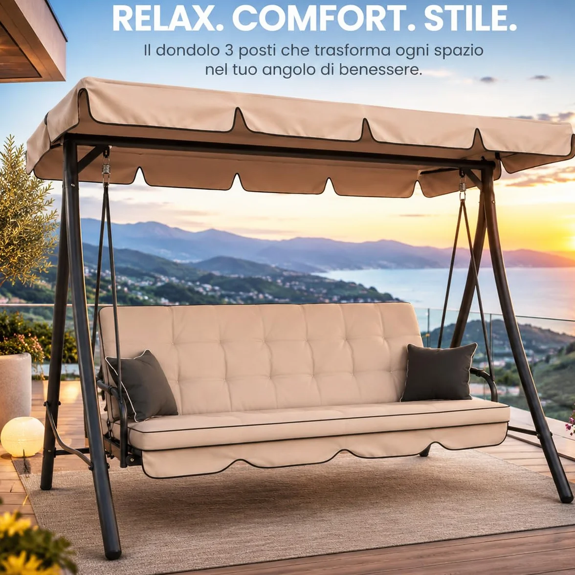 Letto Da Giardino 3 Posti Beige Panama Schienale Reclinabile Tetto Parasole Regolabile Set Cuscini 203 x 115 x 170 cm