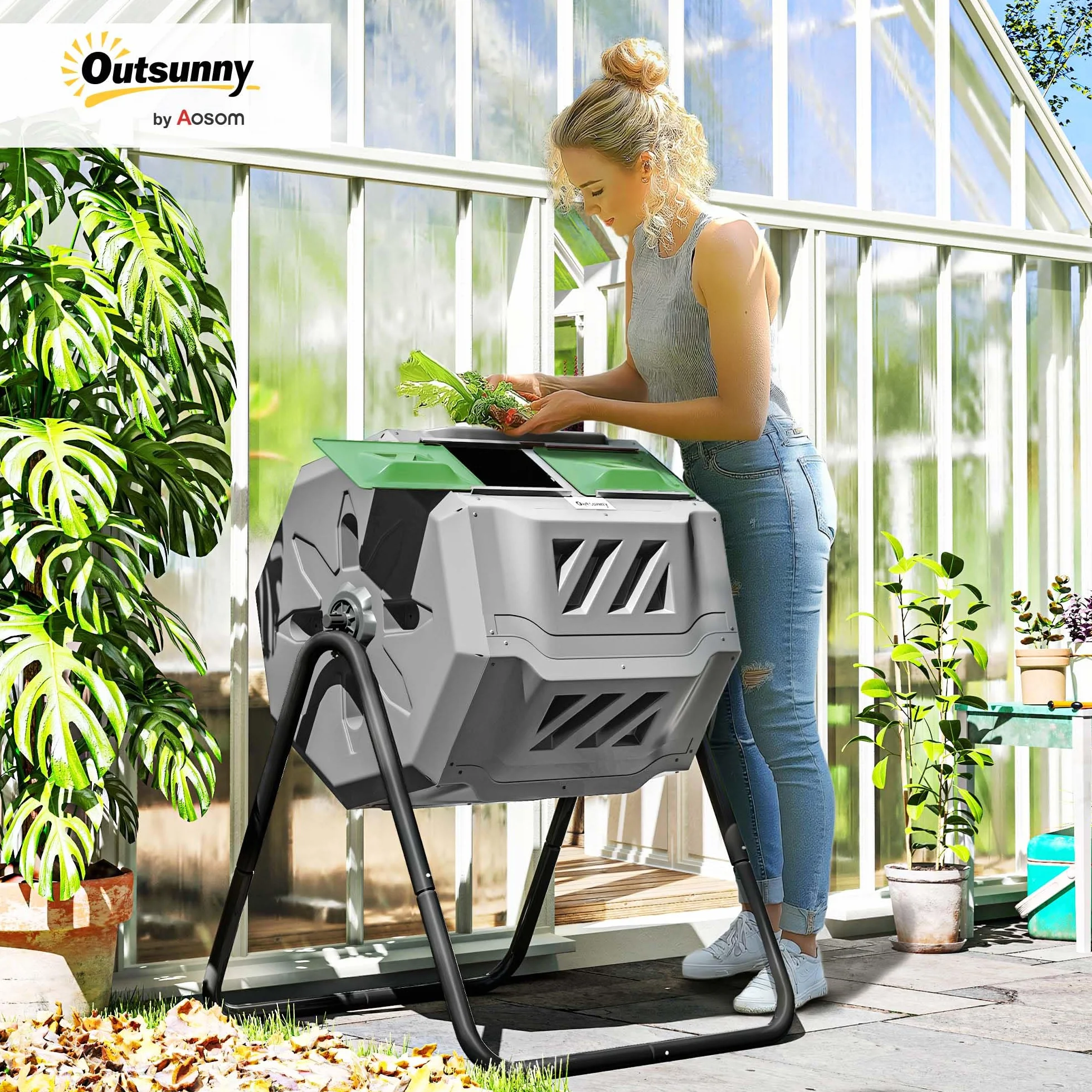 Outsunny Compostiera da Giardino Girevole 2 Sezioni 8 Prese d'Aria Acciaio PP 160 L 71x65x96 cm Grigio