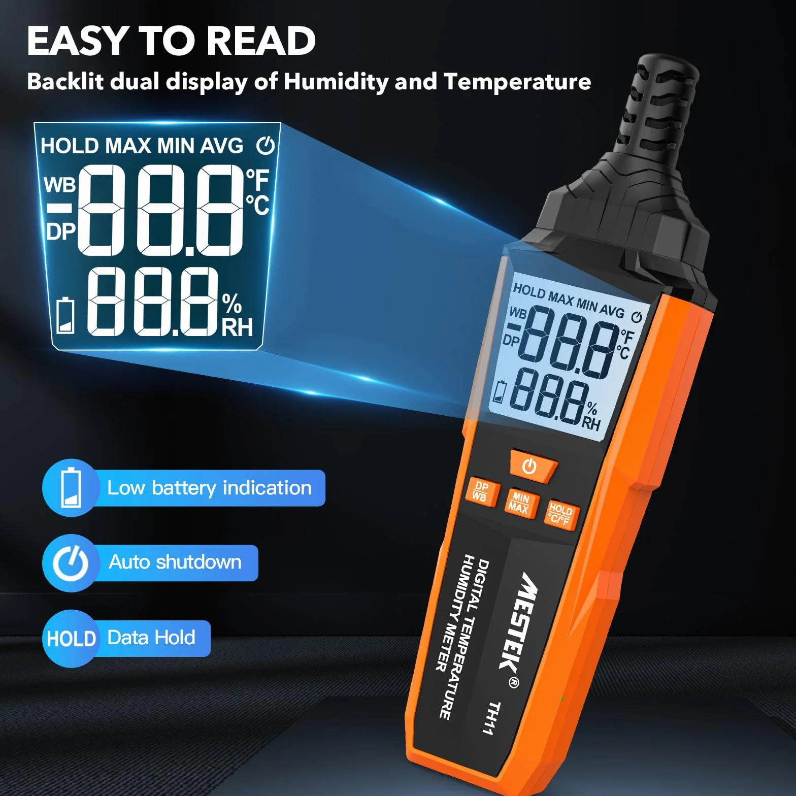 Termometro Igrometro MESTEK, Digitale Termo-Igrometro Interno Esterno, Misuratore di Umidità e Temperatura, Punto di Rugiada e Bulbo Umido Temp, Portable per Casa Ufficio Industria Agricoltura