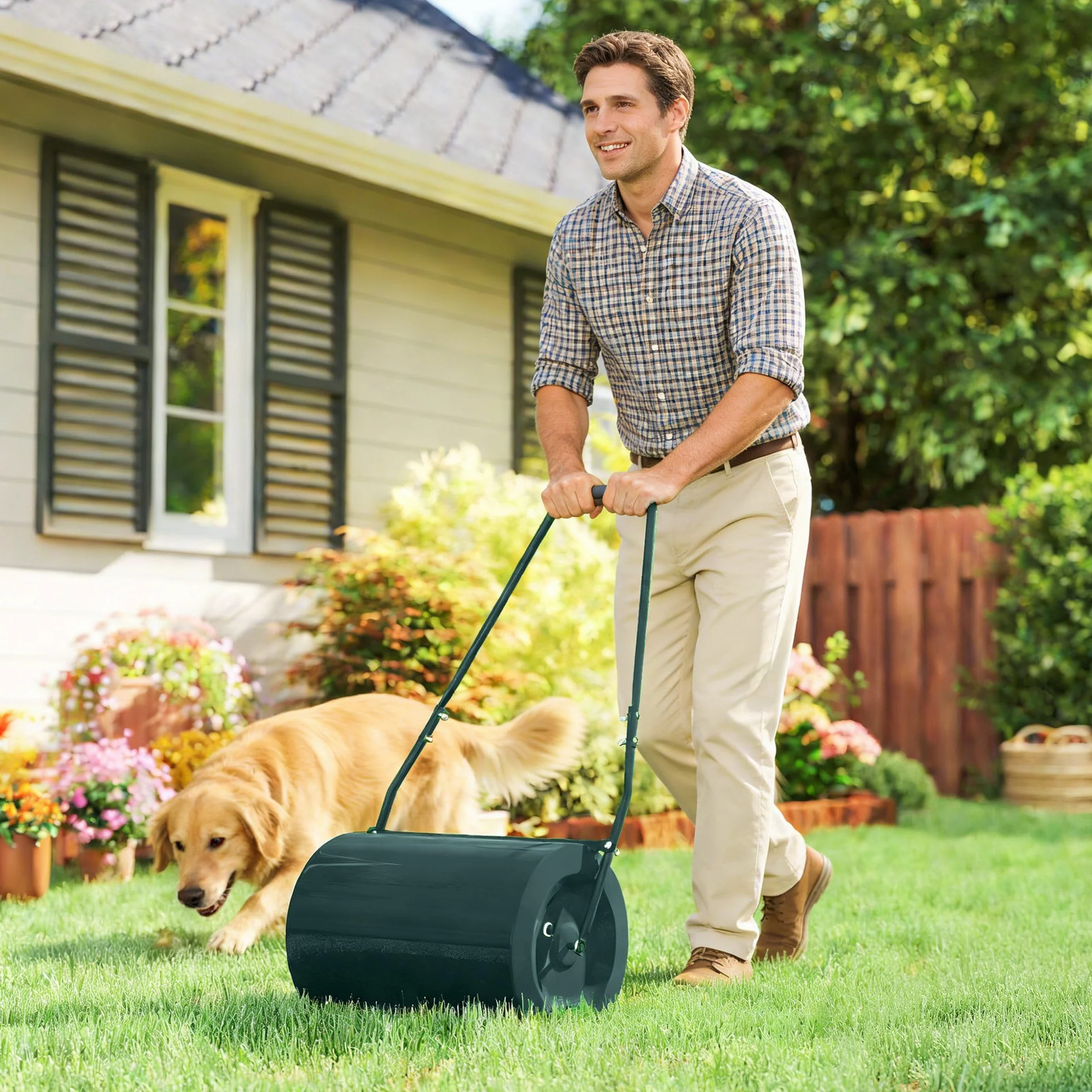 Outsunny Rullo per Prato da 30L di capacità con Maniglia Imbottita, Rullo Giardino in Acciaio Riempibile con Acqua/Sabbia, 102x50x30 cm, Verde Scuro