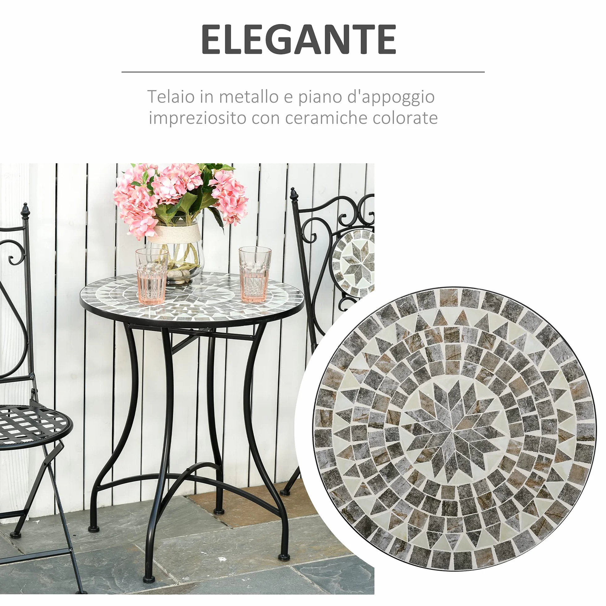 Outsunny Tavolino da Giardino in Metallo e Ceramica Ф60x71cm Nero