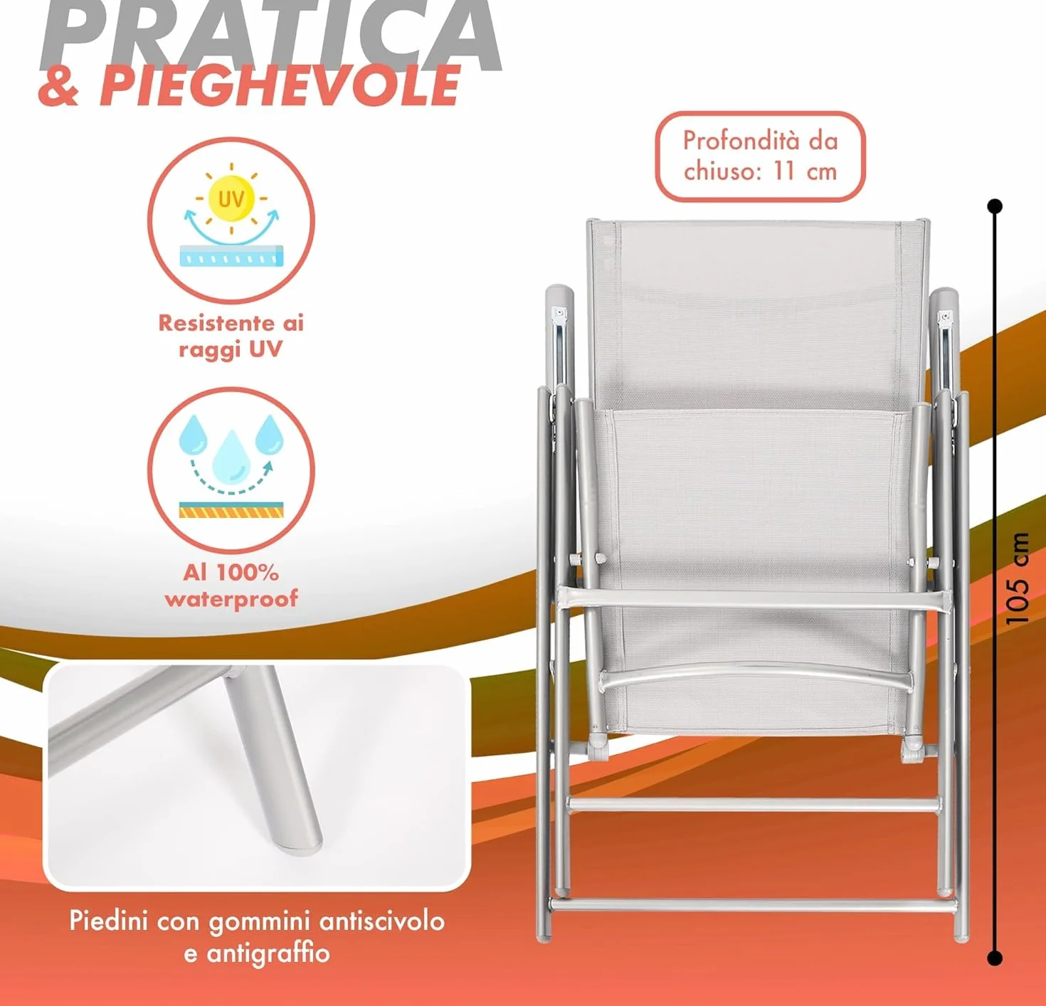 Coppia da 2 Sedie Sdraio Pieghevoli da Giardino con Schienale Reclinabile in Acciaio Inox Tessuto Traspirante Resistenti all'Acqua Colore Grigio Sedia Terrazzo Poltrona Design Moderno - Trasparente