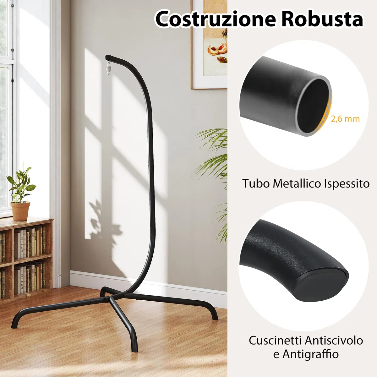 COSTWAY Supporto per Amaca a C, Base per Sedia Sospesa in Metallo Pesante con Gancio a Molla e Rotazione a 360°, Telaio per Amaca per Interni ed Esterni, Portata 180 kg