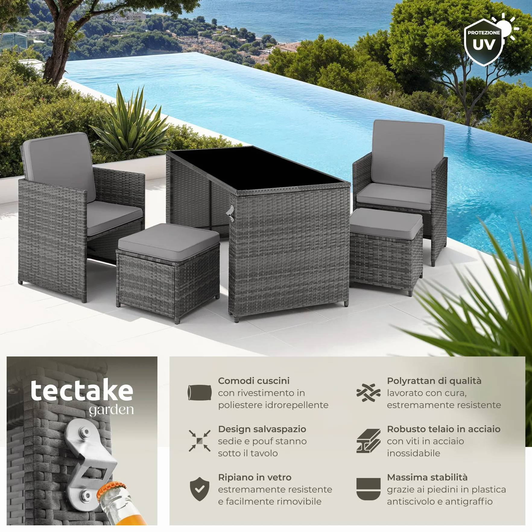 Tectake Salottino Rattan Palermo Set Sedie Cuscini Tavolino Vetro Grigio