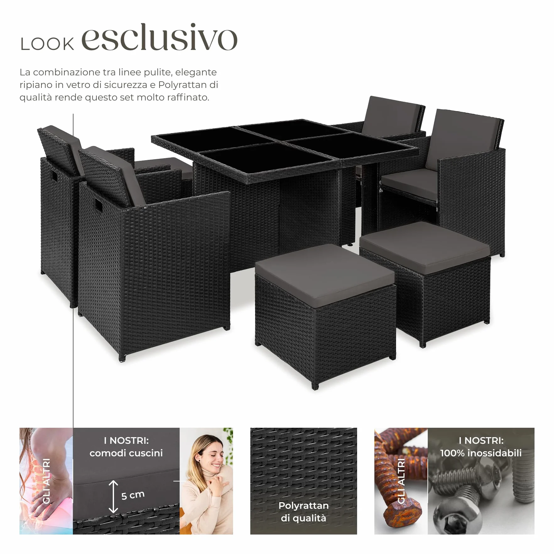 Tectake Set Mobili da Giardino Rattan Sintetico Alluminio 4 Sedie Tavolo 4 Sgabelli Involucro Protettivo Nero