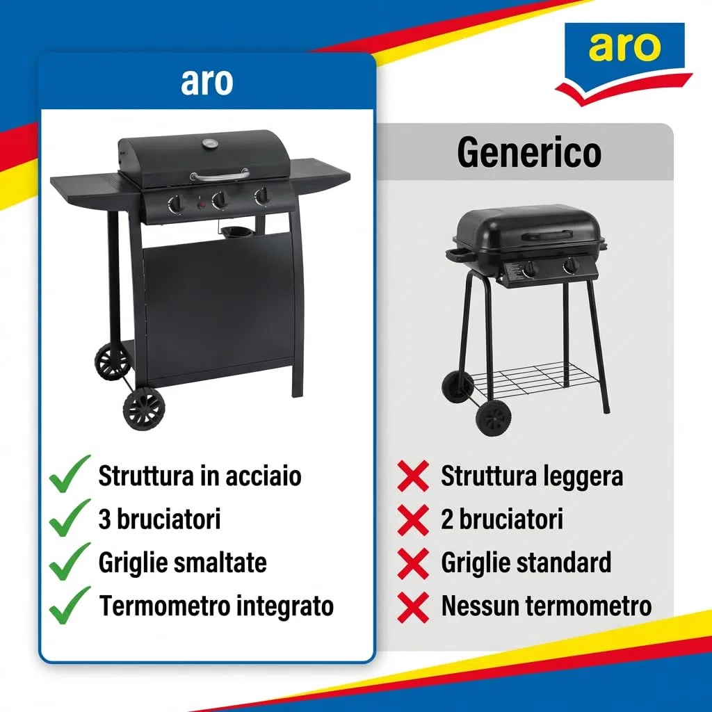 aro Barbecue a Gas 3 Bruciatori Acciaio Nero con Termometro Tavolini Laterali