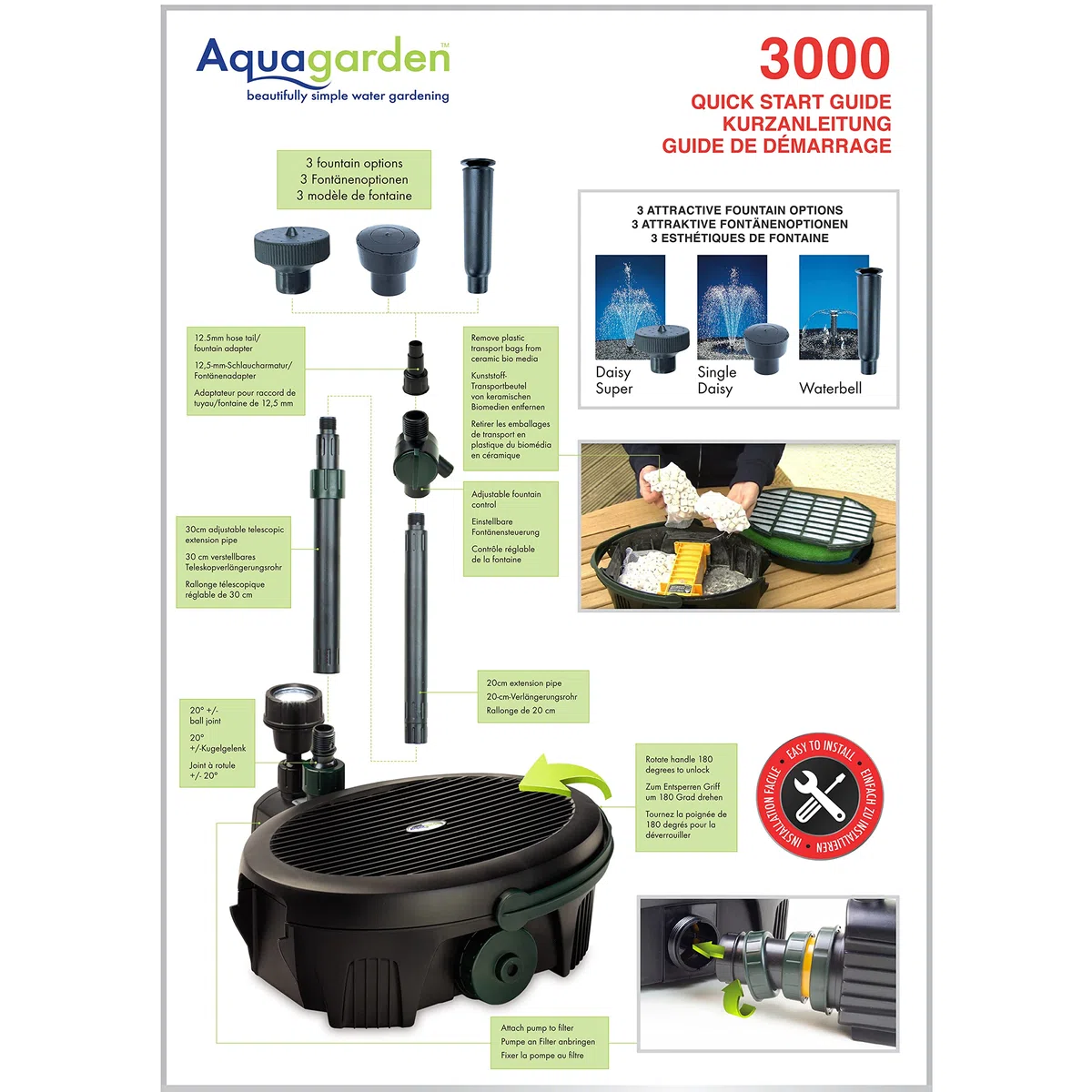 Aquagarden Inpond 3000, pompa per laghetto e acqua, filtro, chiarificatore UV, faretto LED e fontana, soluzione completa per un laghetto pulito, limpido e bello, per laghetti fino a 2000 litri, nero