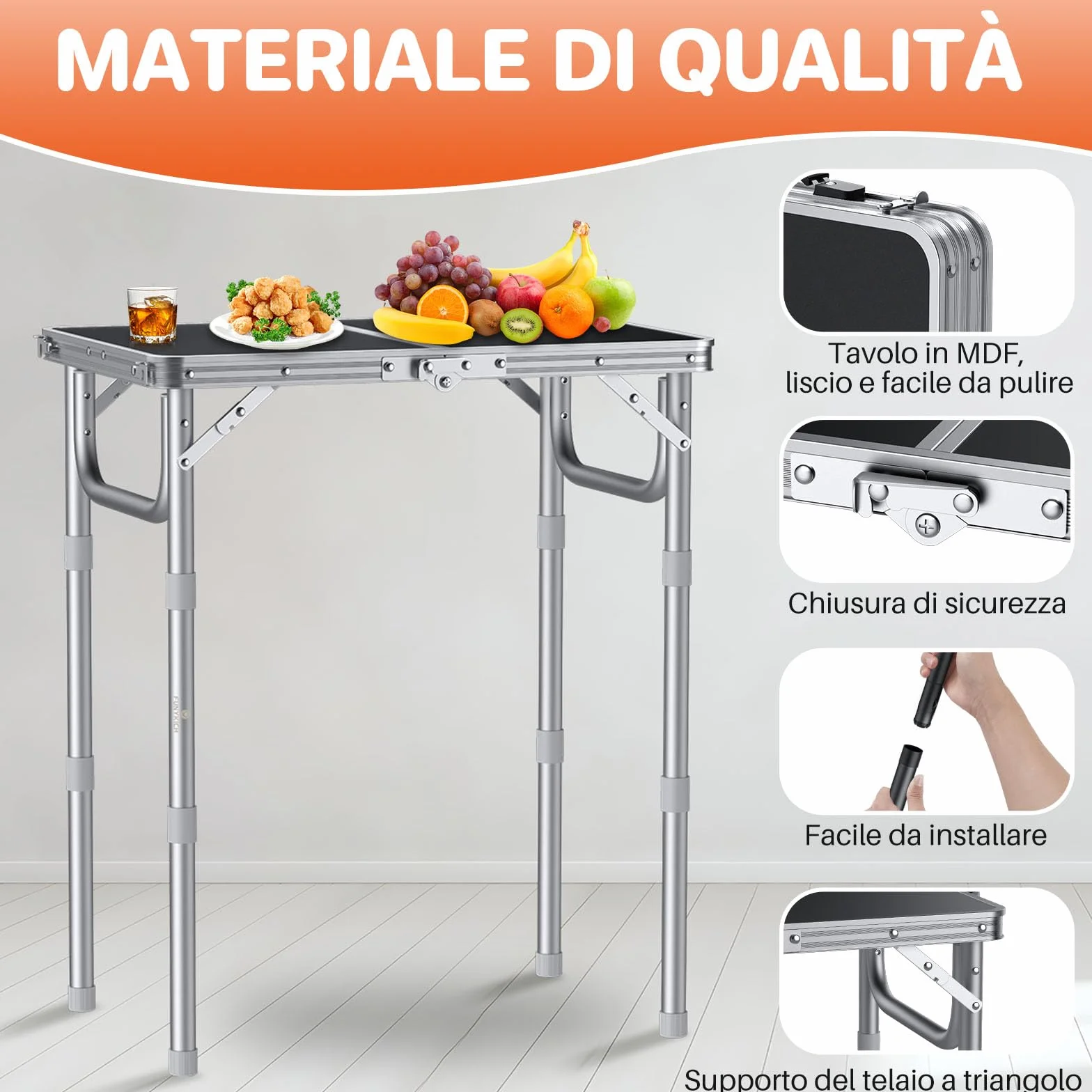 FUNYKICH Tavolo da Campeggio Pieghevole 58x40 cm Alluminio 3 Altezze Regolabili 26/48/70 cm Maniglia Trasporto MDF Argento