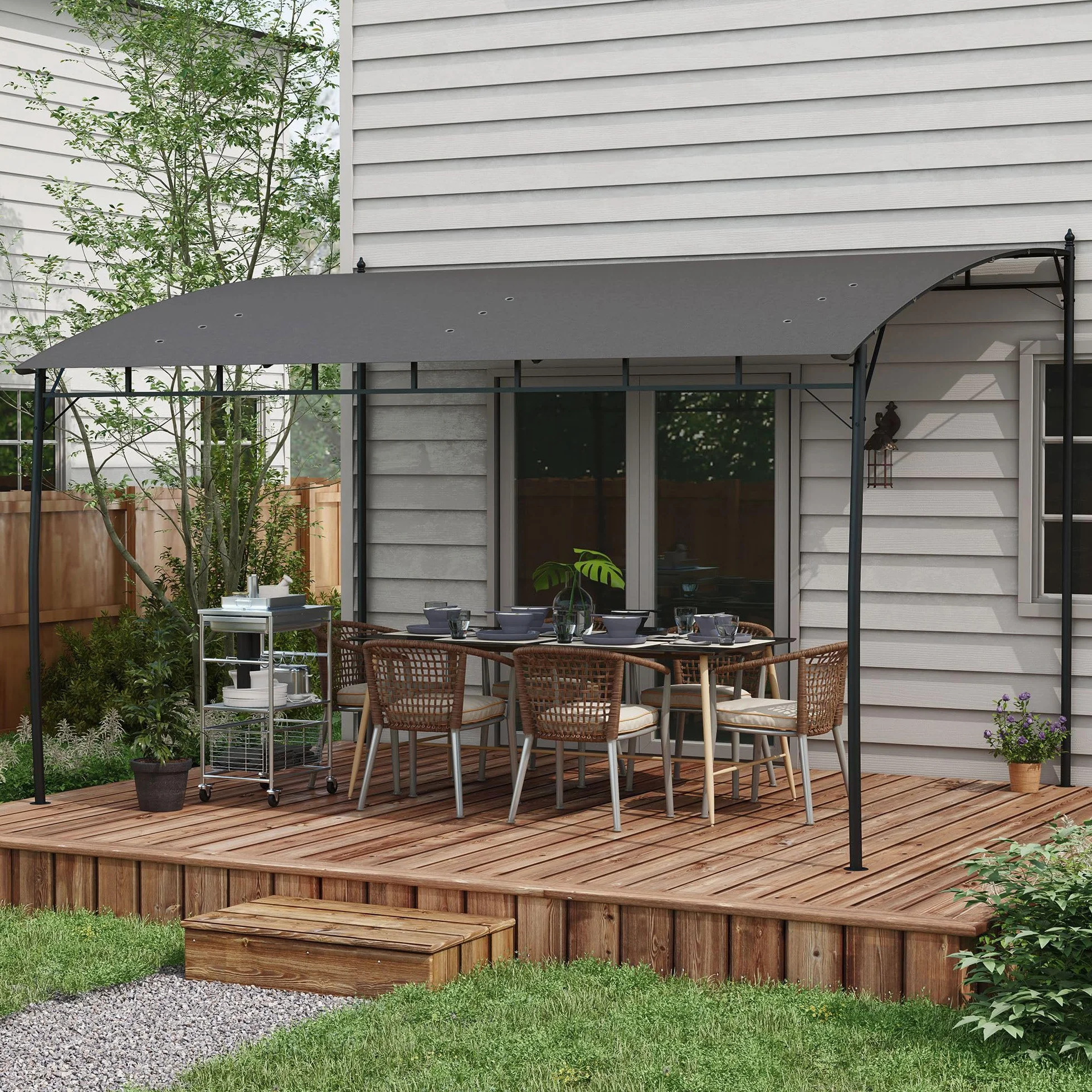 Outsunny Pergola Gazebo Metallica Tettuccio Poliestere 12 Fori Drenaggio 400x296x200/262 cm Grigio Scuro