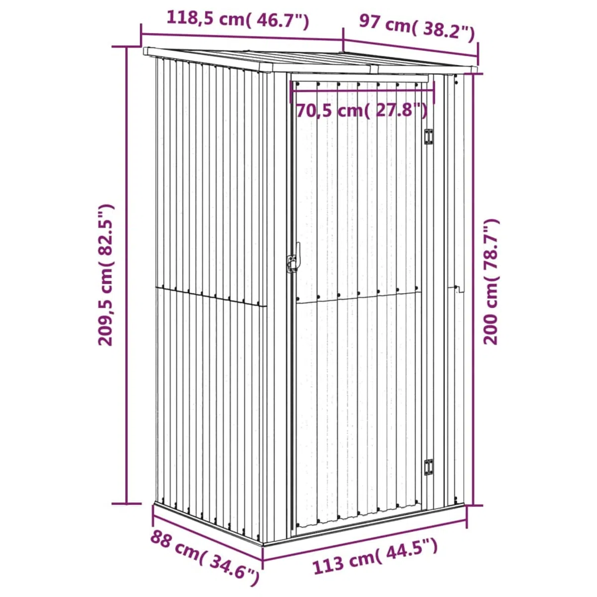 Gecheer Casetta per giardino in acciaio zincato, grigio, 118,5 x 97 x 209,5 cm, utensili in acciaio, cassetta degli attrezzi