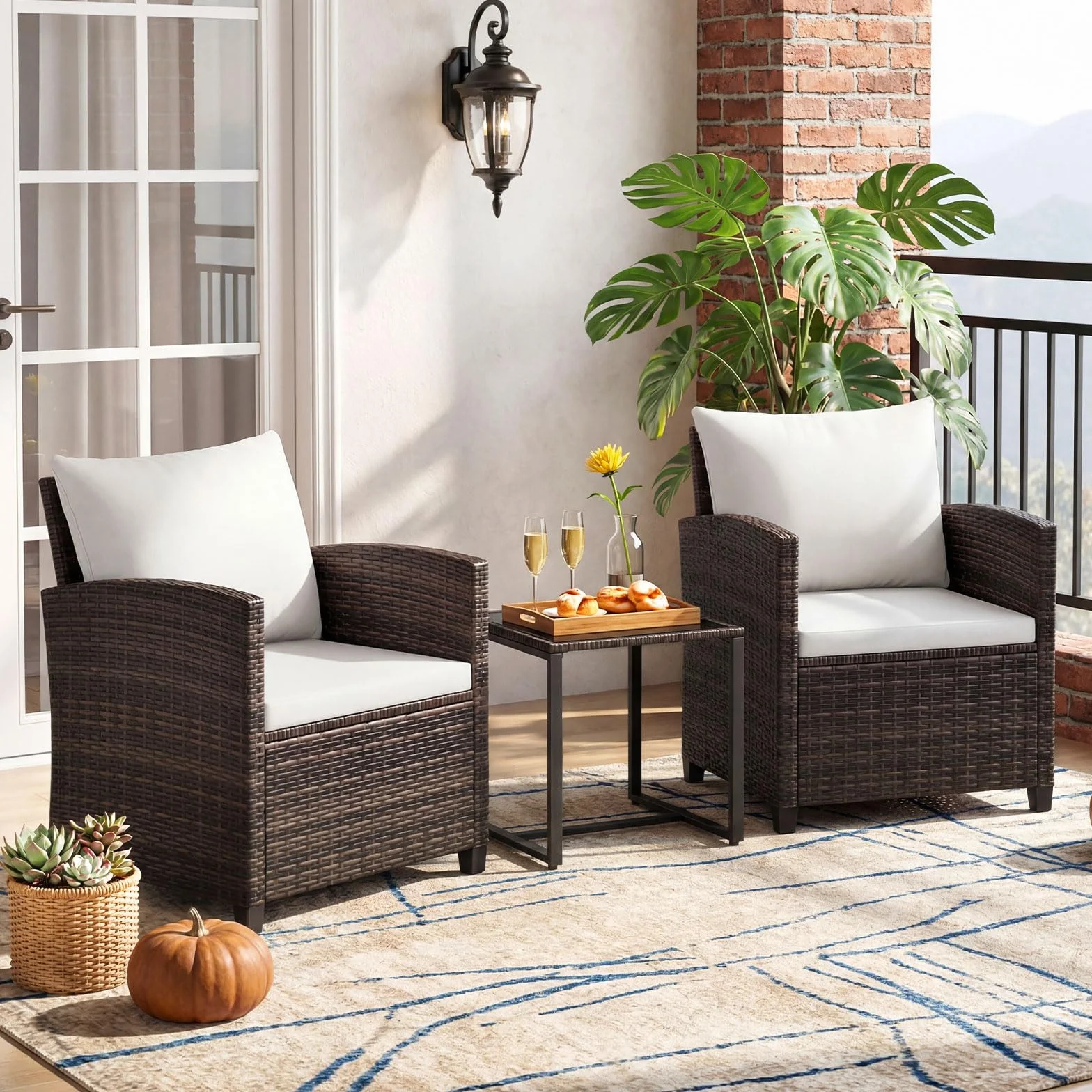 COSTWAY Set Mobili da Giardino 3 Pezzi, Salotto da Esterno in Rattan PE con Cuscini Sfoderabili, Tavolino in Vetro Temperato Beige