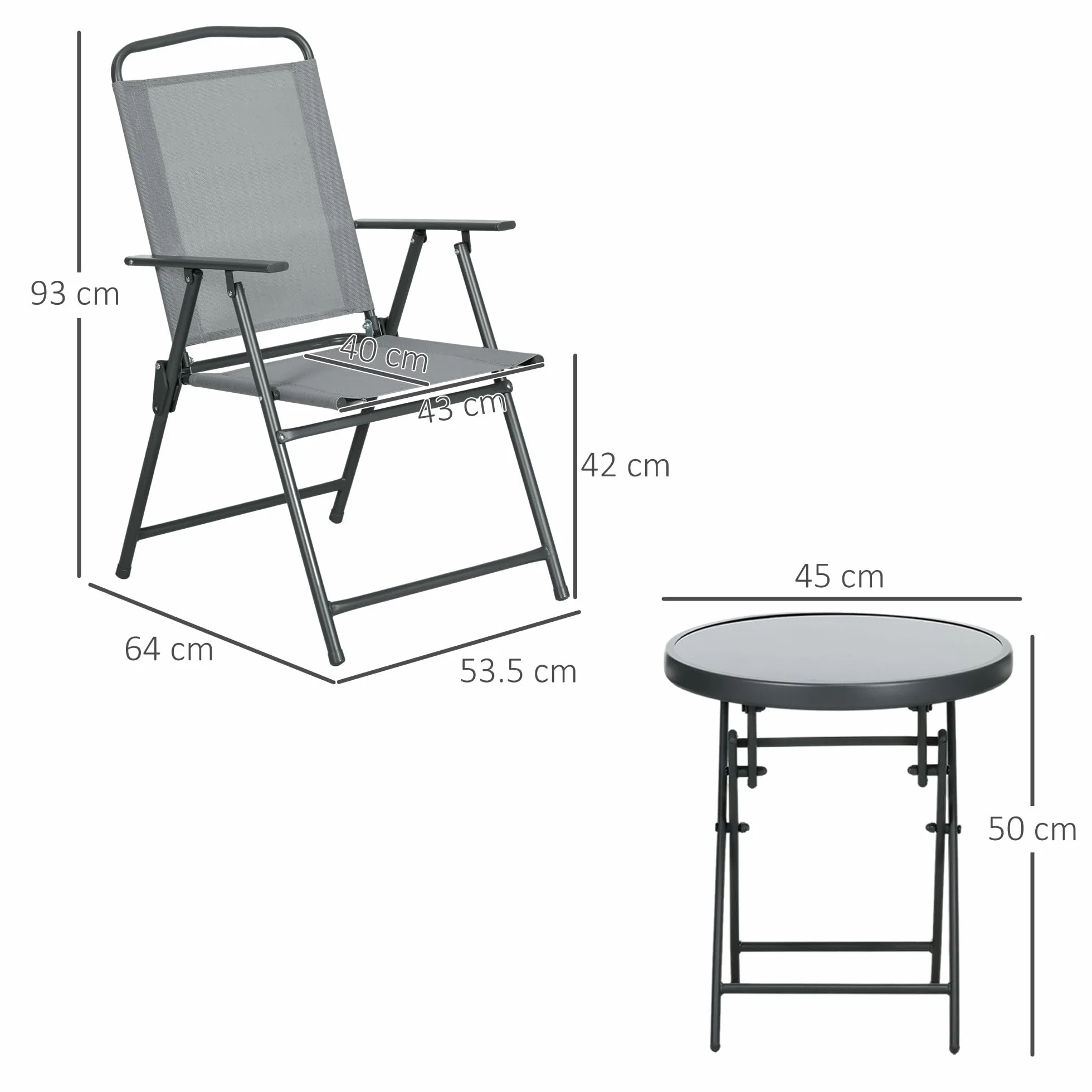 Outsunny Set da Giardino 3 Pezzi con Sedie e Tavolino Pieghevoli in Metallo e Vetro Grigio Chiaro per Patio