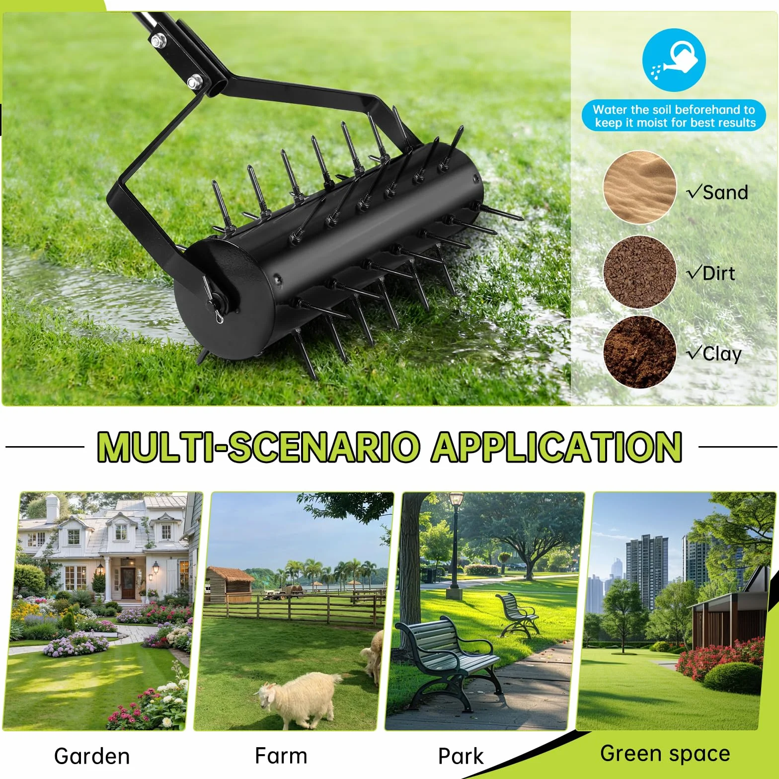 Arieggiatore Manuale a Rullo per Prato 44 x 141 cm – Verticutatore a Mano con 39 Punte (5,8 cm) e Manico – Rullo Arieggiatore – Diserbante per Giardino, Cortile, Terrazza