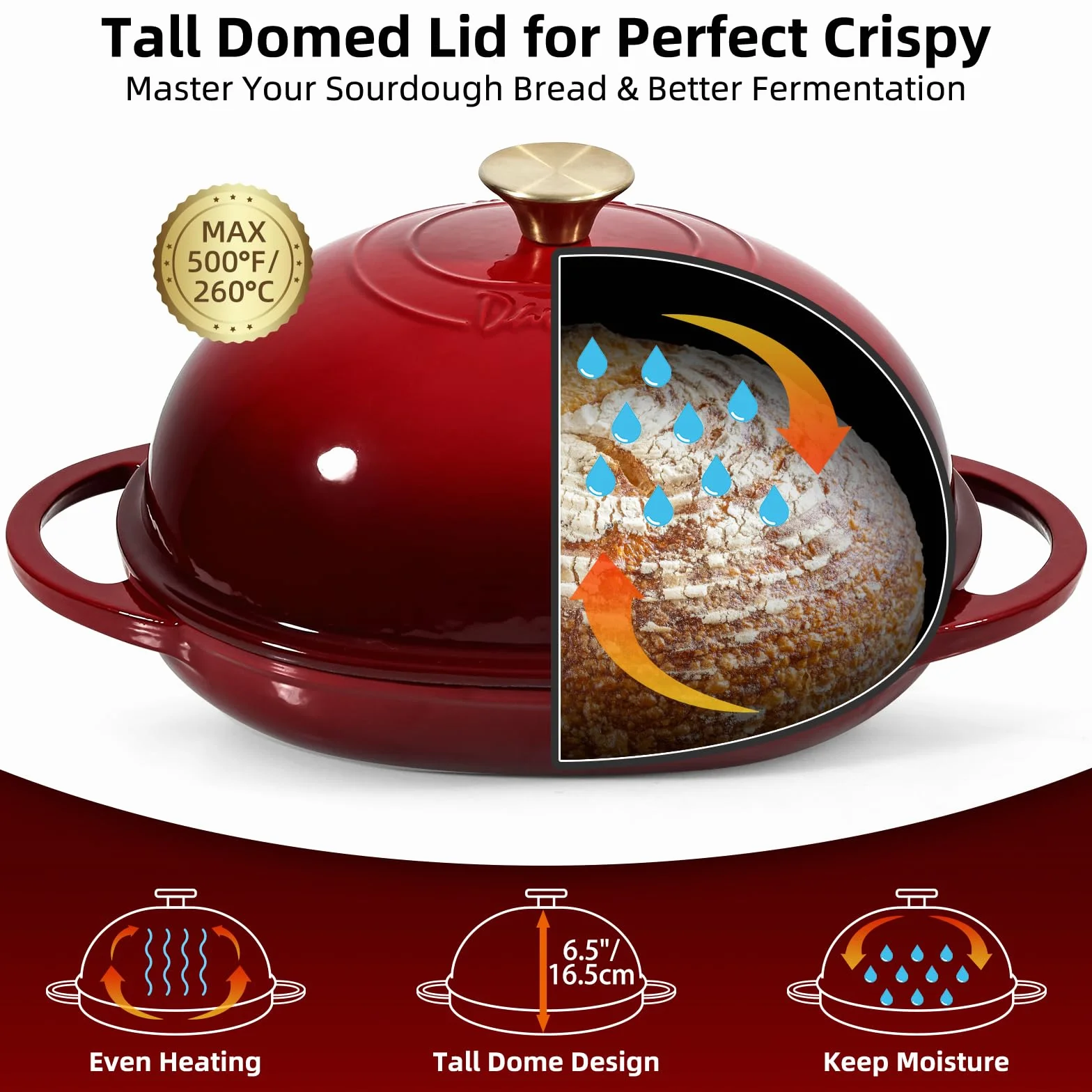 Davivy Forno olandese ovale in ghisa smaltata da 5,5 l, per pane a lievitazione naturale, pentola olandese con coperchio a cupola, pentola per il pane in ghisa (rosso rubino, con tappetino in silicone