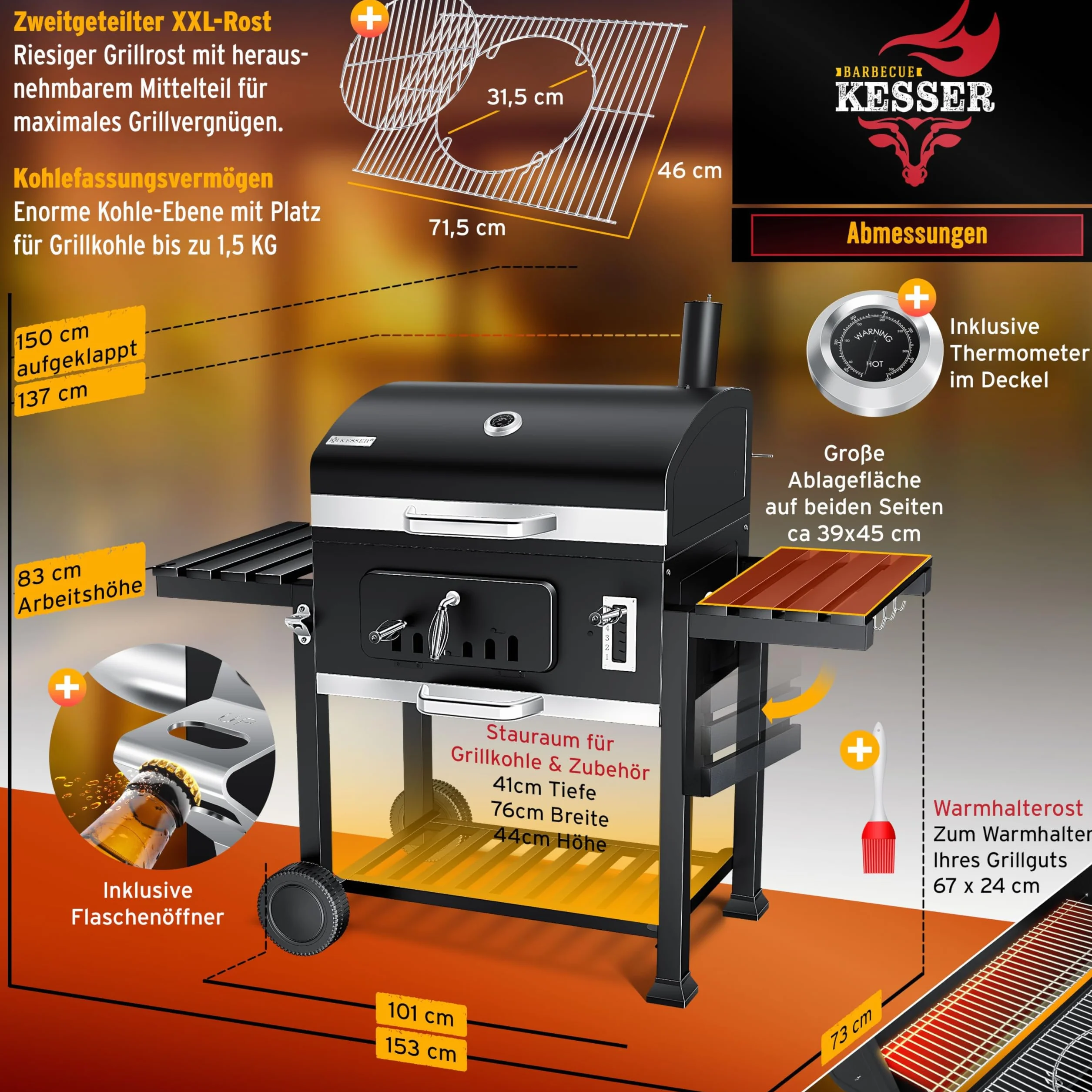 KESSER® Barbecue a carbonella XXL con Carrello, Coperchio, Acciaio Inox, Griglia e Termometro