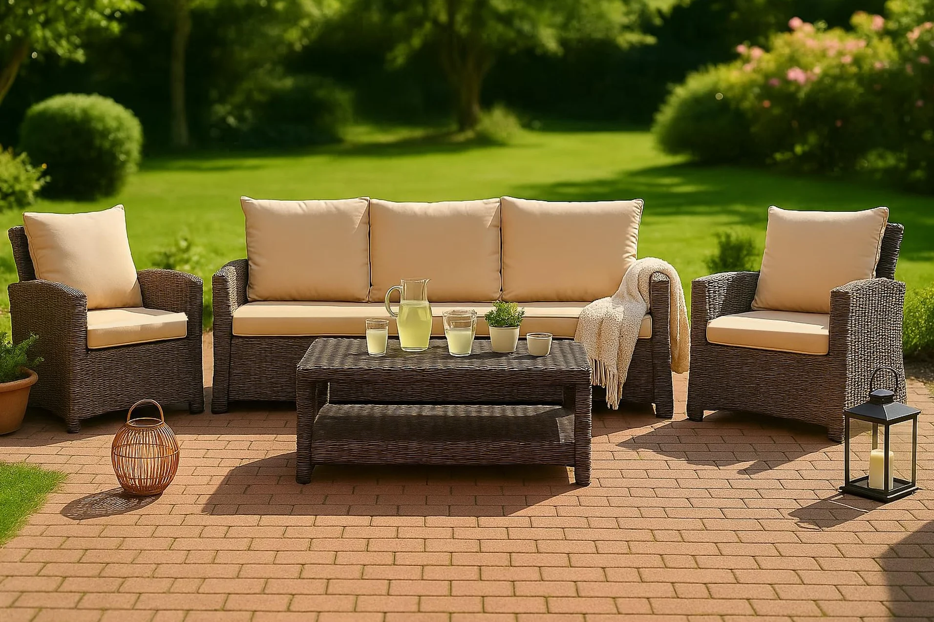 Cuscino per panchina da esterno per panca da giardino con imbottitura in polirattan - Cuscino per panca per dondolo in rattan (Beige, 110x60x50cm)