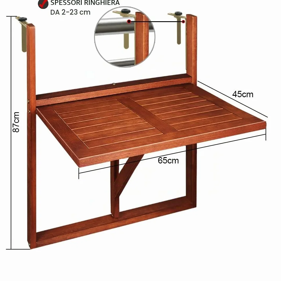 Casaria Tavolo Pensile Legno Acacia Pieghevole 65x45x87cm Tavolino da Ringhiera Balcone Esterno