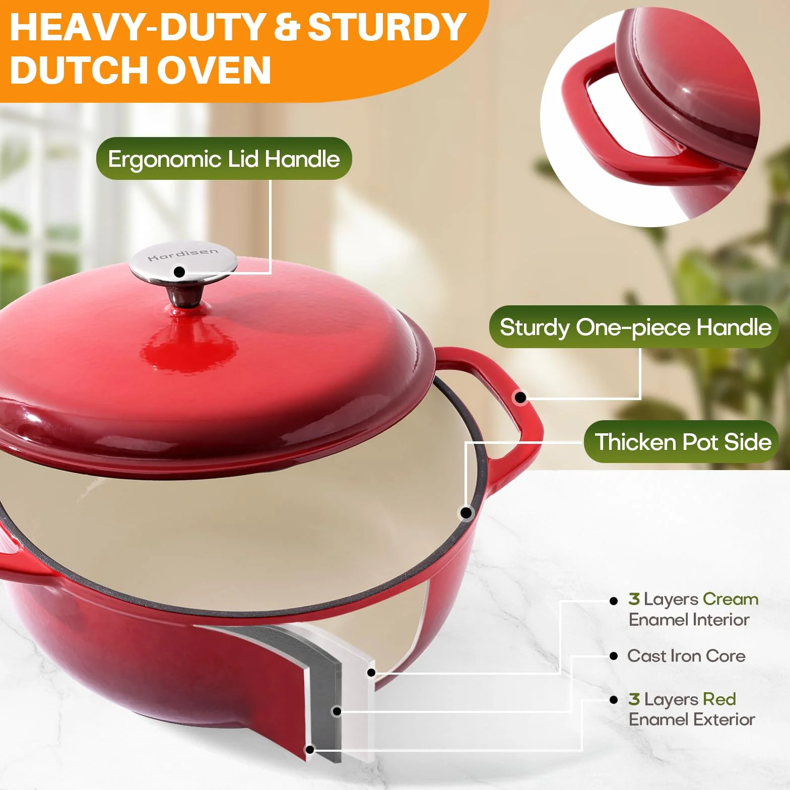 Kordisen Casseruola in Ghisa Smaltata 28 cm/5.7L con Coperchio, per Cuocere il Pane a Lievitazione Naturale, Adatta al Forno Fino a 260°C, Robusta e Capiente, Rossa