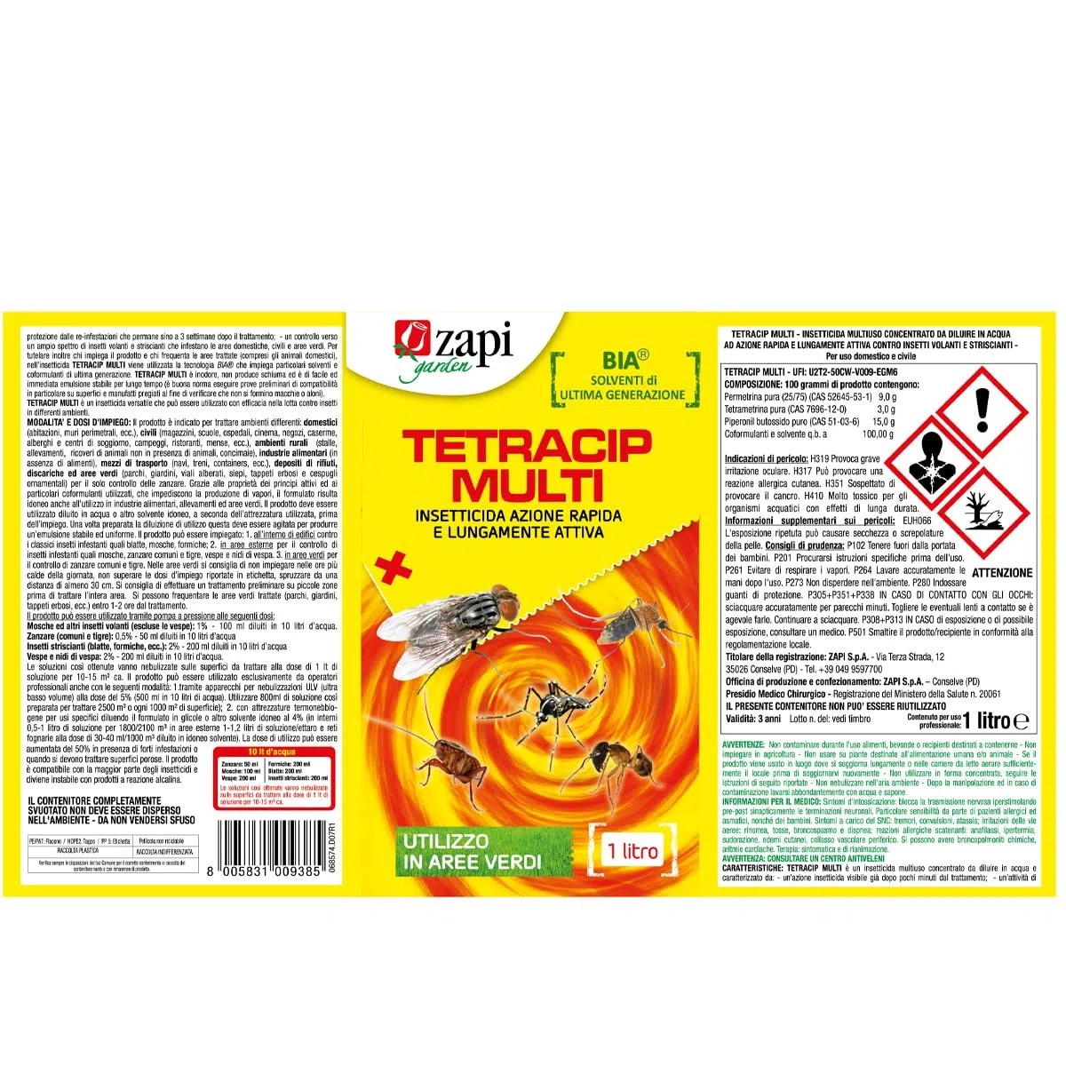 Tetracip Multi Insetticida Concentrato Contro Mosche Zanzare Blatte Formiche Nidi Vespe Antizanzare Esterno 1L