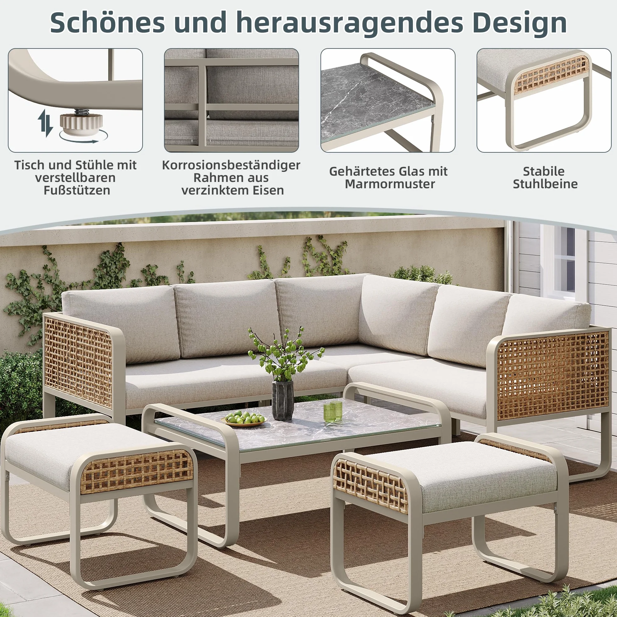 Set divano angolo rattan ferro zincato 120x61x69 cm beige per 6-7 persone