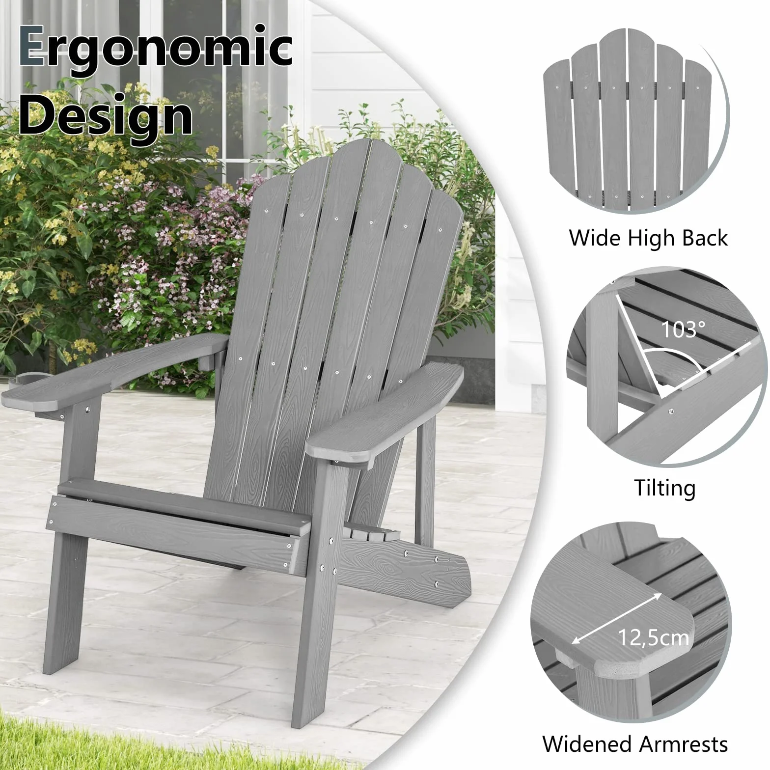 KOMFOTTEU sedia Adirondack Hips, Patrone Resistanti a Tutte le Condizioni, Falò con Supporto per Tazze, 77 x 86 x 94 cm (grigio)
