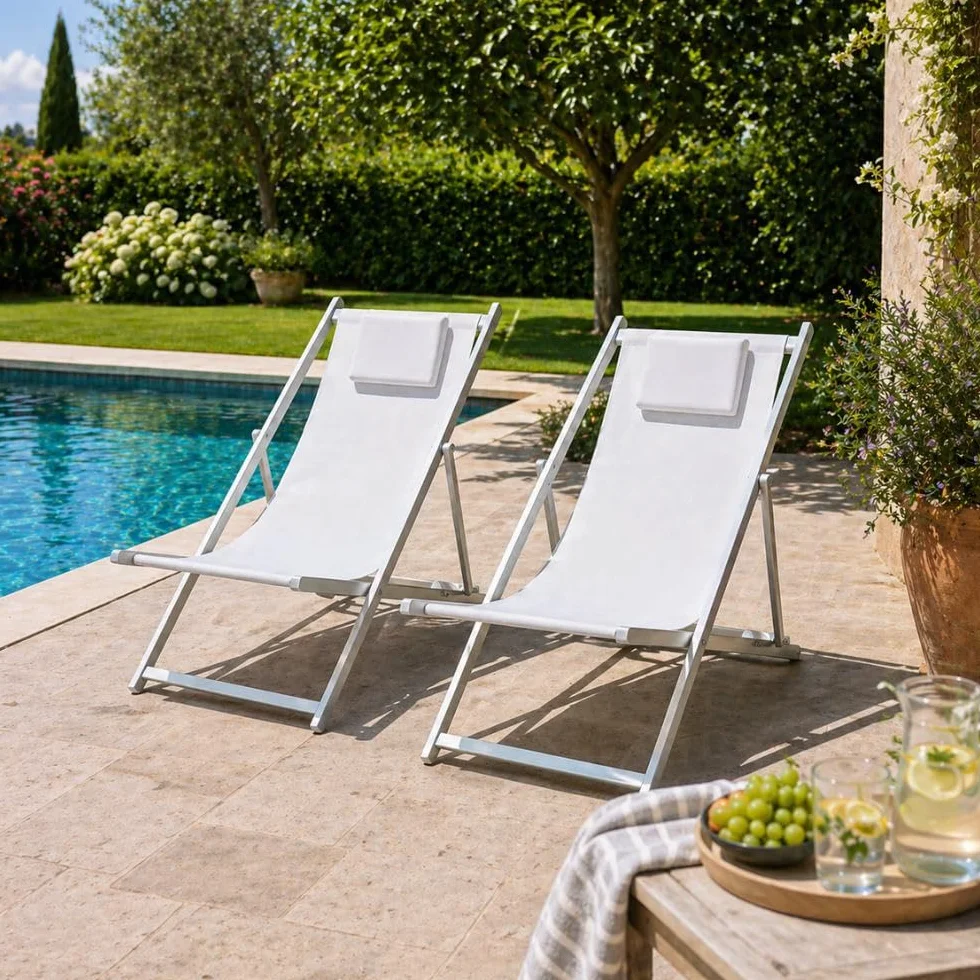 ZIK Set 2 Sedia Sdraio Pieghevole da Giardino Esterno, Cuscino Rimovibile, Schienale Regolabile, Poltrona Relax Reclinabile, Alluminio e Textilene per Piscina Spiaggia (Bianco)