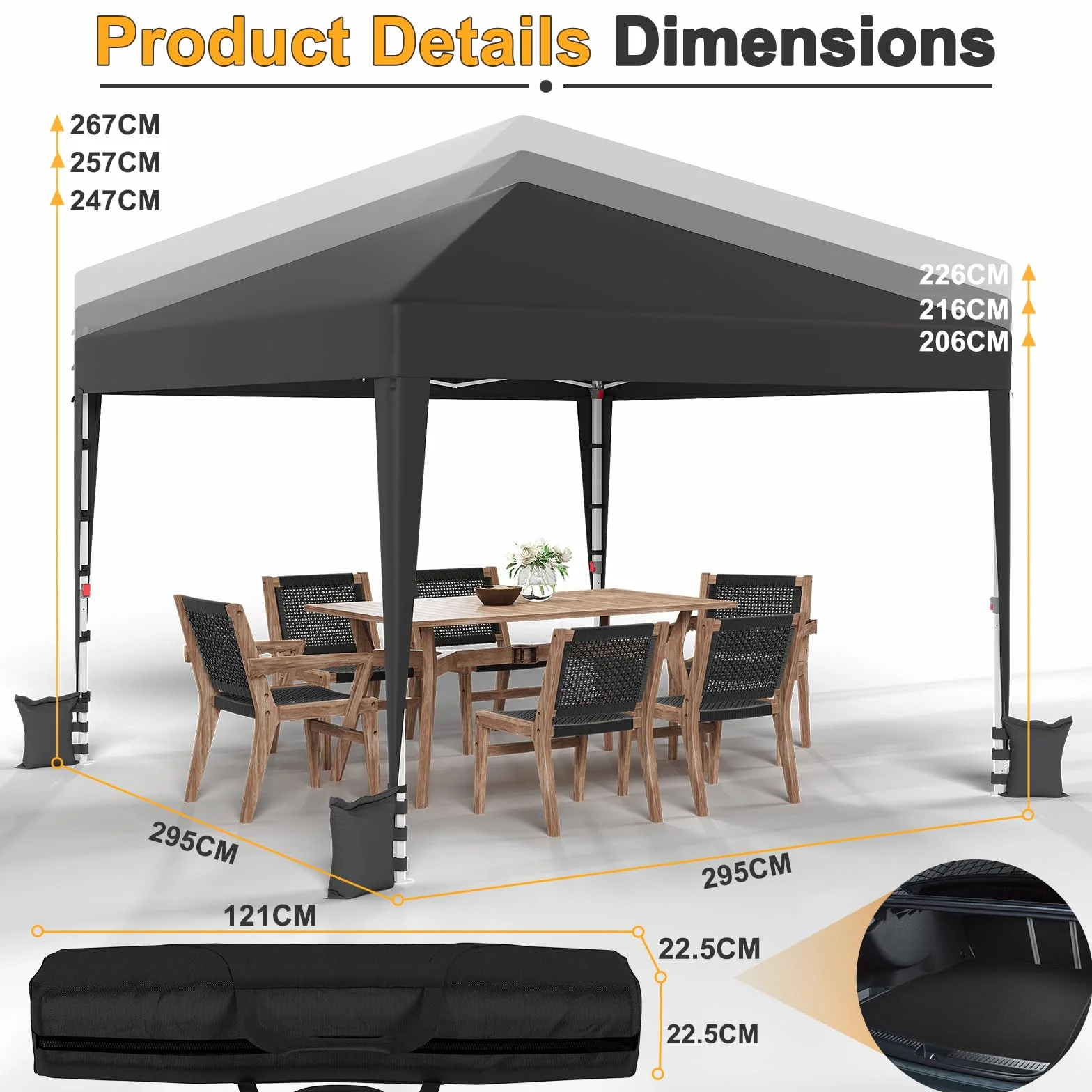 JUMMICO Gazebo 3x3m Pieghevole Impermeabile con Pareti Laterali Grigio