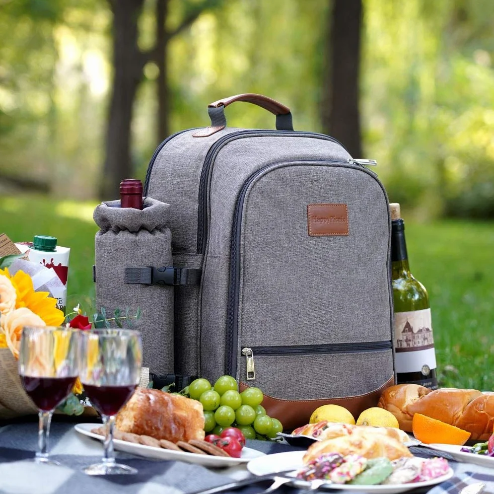 HappyPicnic Zaino da picnic isolato 4 persone stoviglie scomparto raffreddamento portabottiglie tappeto impermeabile