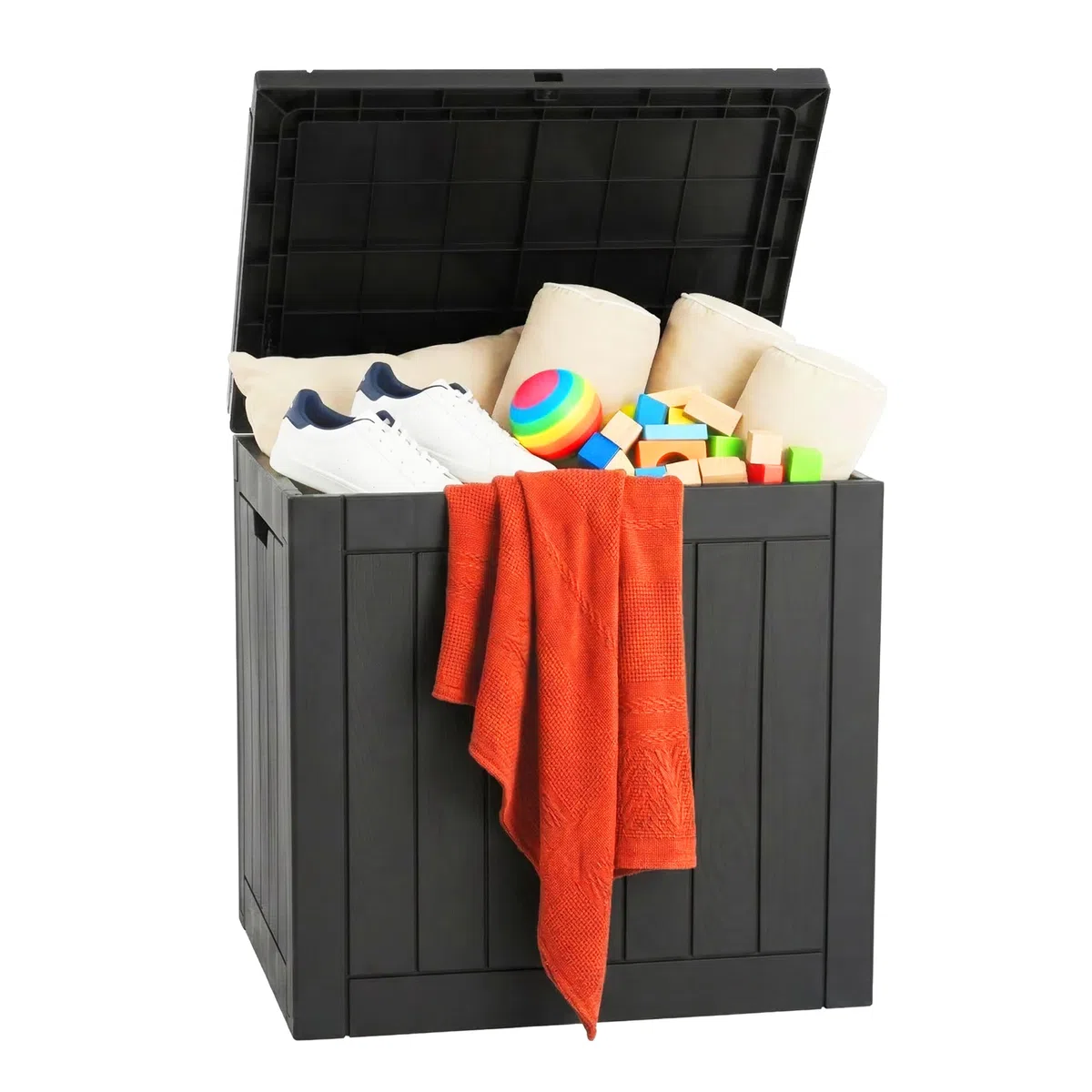 Relaxdays Baule da Giardino Resistente alle intemperie e ai Raggi UV con Cuscini e Attrezzi, 53x56x43 cm, Nero