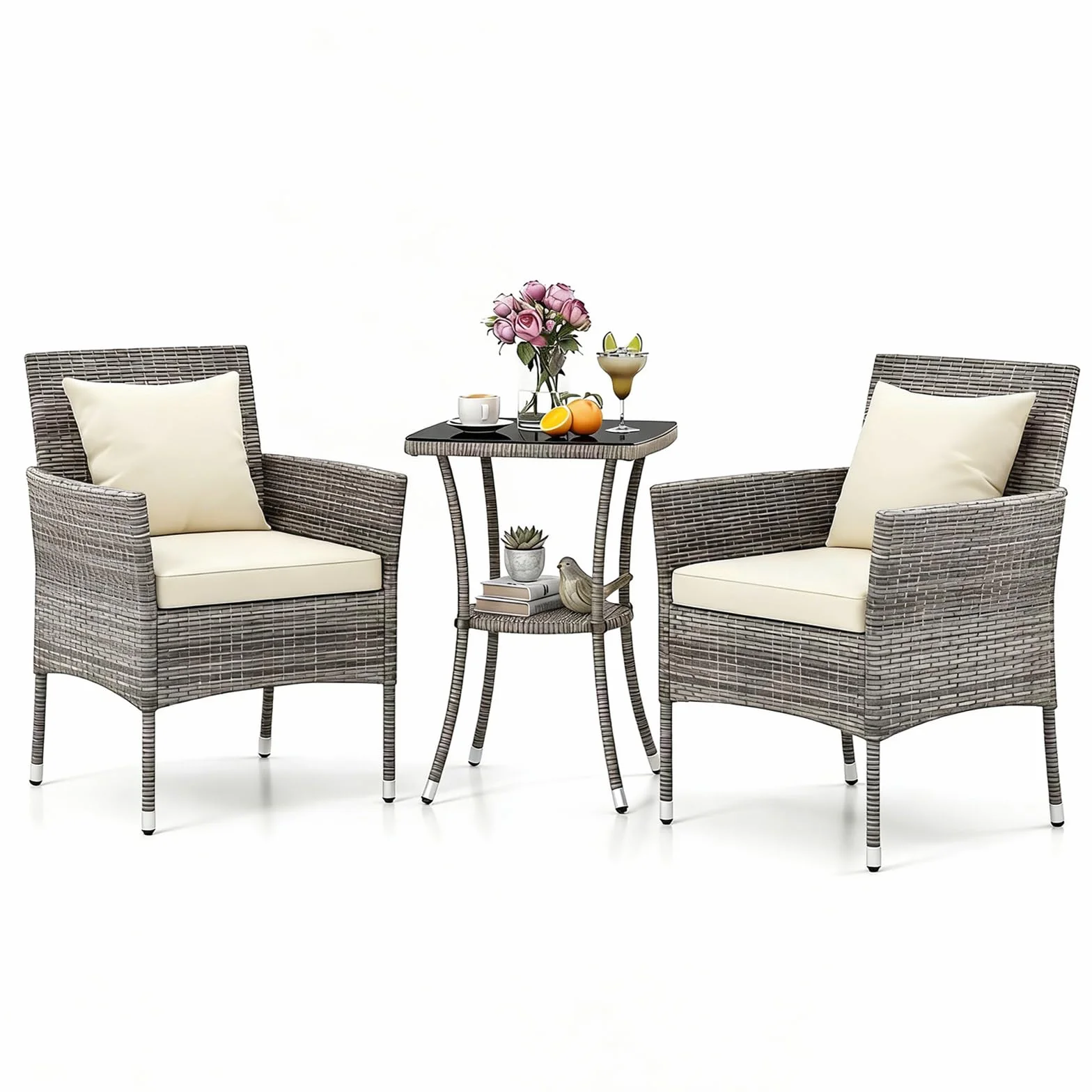 GIANTEX Set Mobili da Balcone 3 Pezzi, Tavolo e 2 Sedie in Rattan con Cuscini