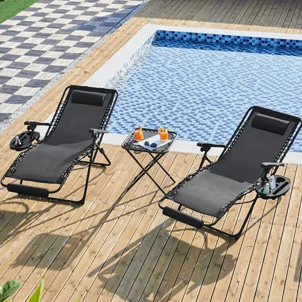 Yaheetech Sdraio da Giardino Richiudibile con Cuscino, Lettino Prendisole Mare, Poggiapiedi e Portabicchieri, Nero