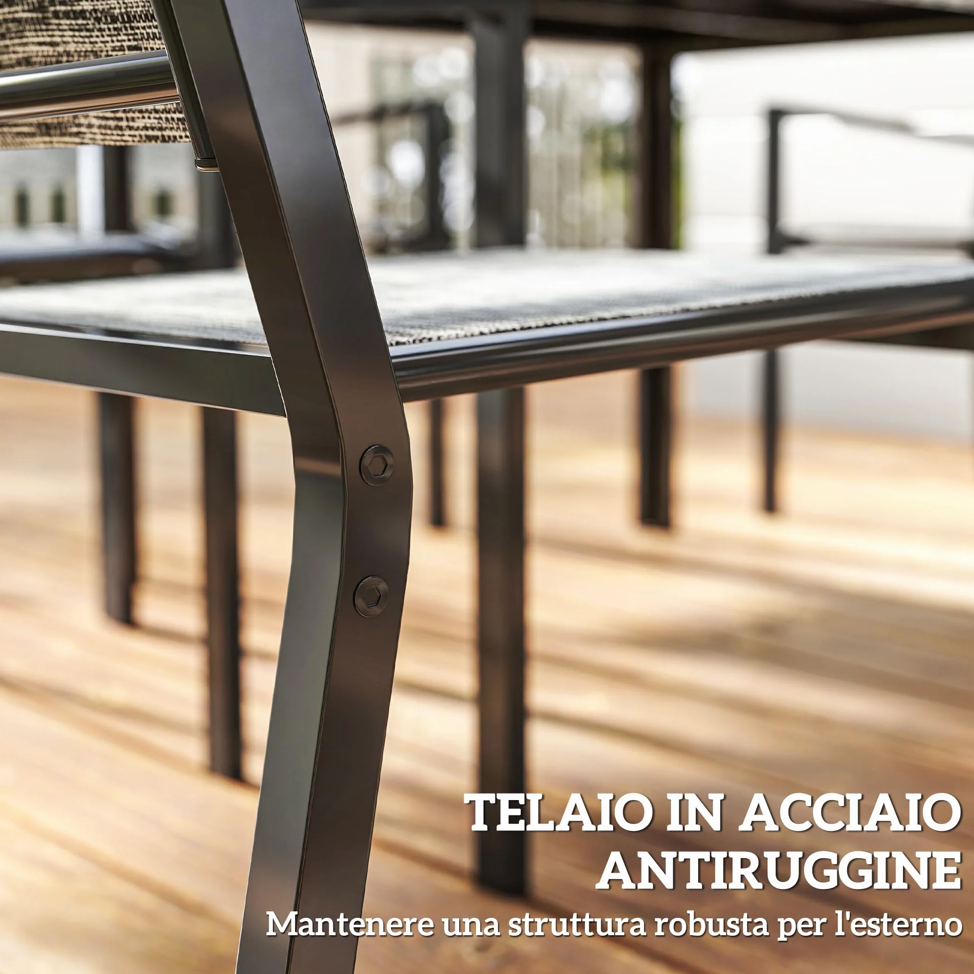 Outsunny Set Tavolo da Giardino 7 Pezzi, Pranzo con Sedie Impilabili, Acciaio Texteline Grigio Nero