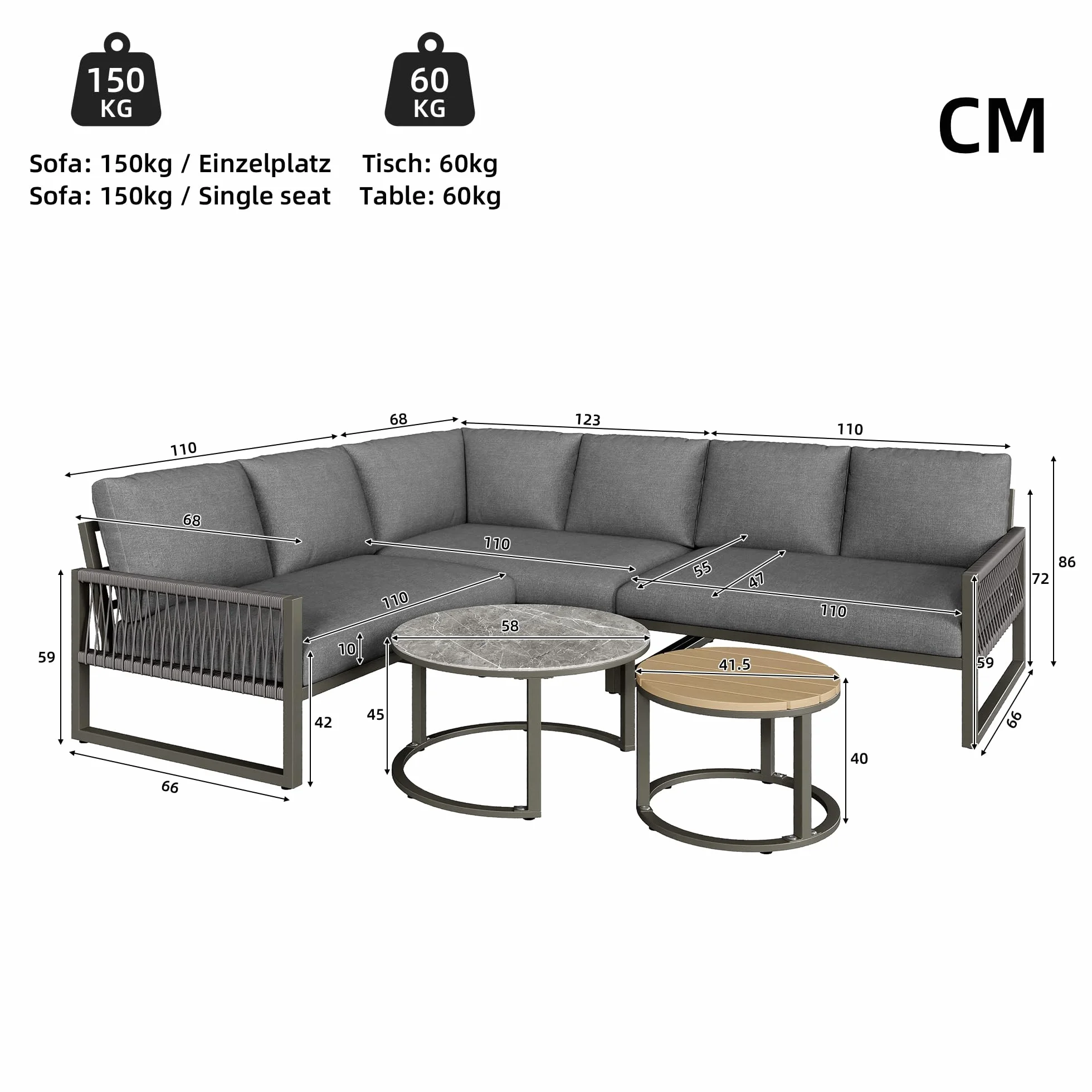 Soweiz Set di mobili da giardino per 6-7 persone divano ad angolo ferro zincato gambe regolabili cuscini seduta schiena 123x68x86 cm