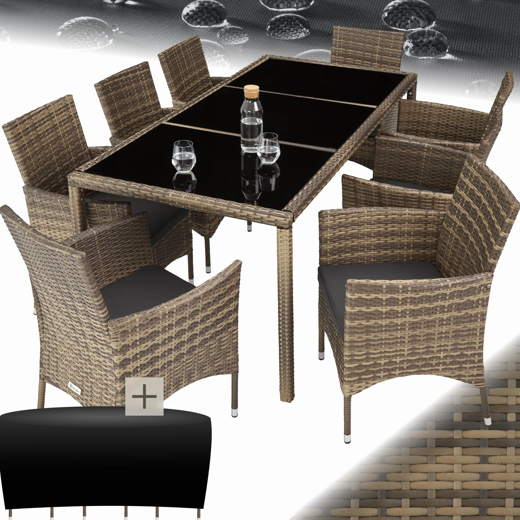 tectake® Set Mobili Giardino 8 Sedie 1 Tavolo Cuscini Morbidi Poli Rattan Naturale/Grigio Scuro