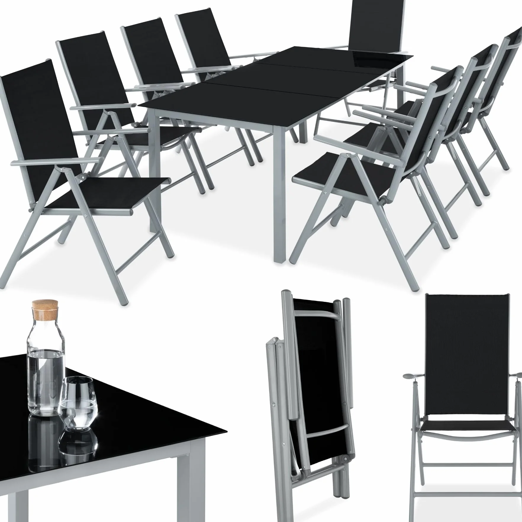 Tectake Set mobili da giardino tavolo massiccio con lastra di vetro di sicurezza telaio alluminio 8 sedie confortevoli grigio chiaro
