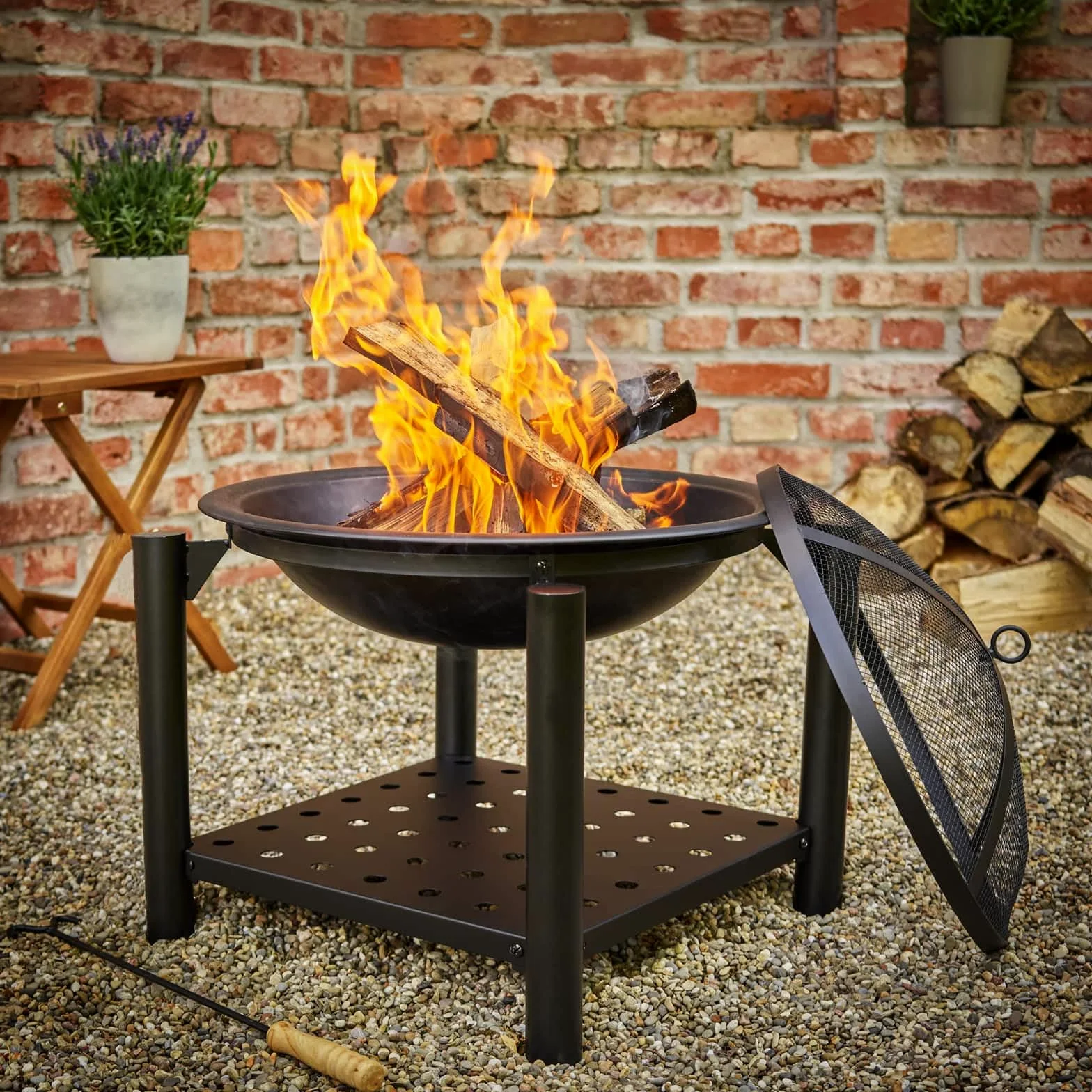 Deuba Braciere Rotondo Ø 55cm Attizzatoio Parascintille Ripiano Portaoggetti Camino Giardino Stufa
