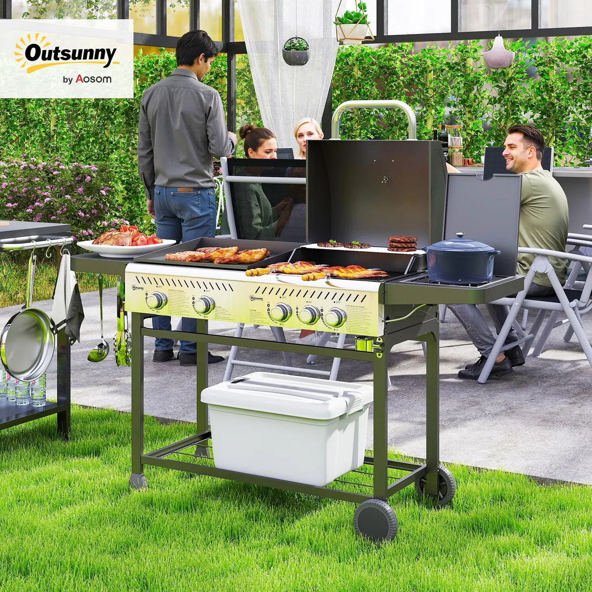 Outsunny Grill Gazowy 4+1 Palniki 12kW z Termometrem, Stal, Czarny Srebrny