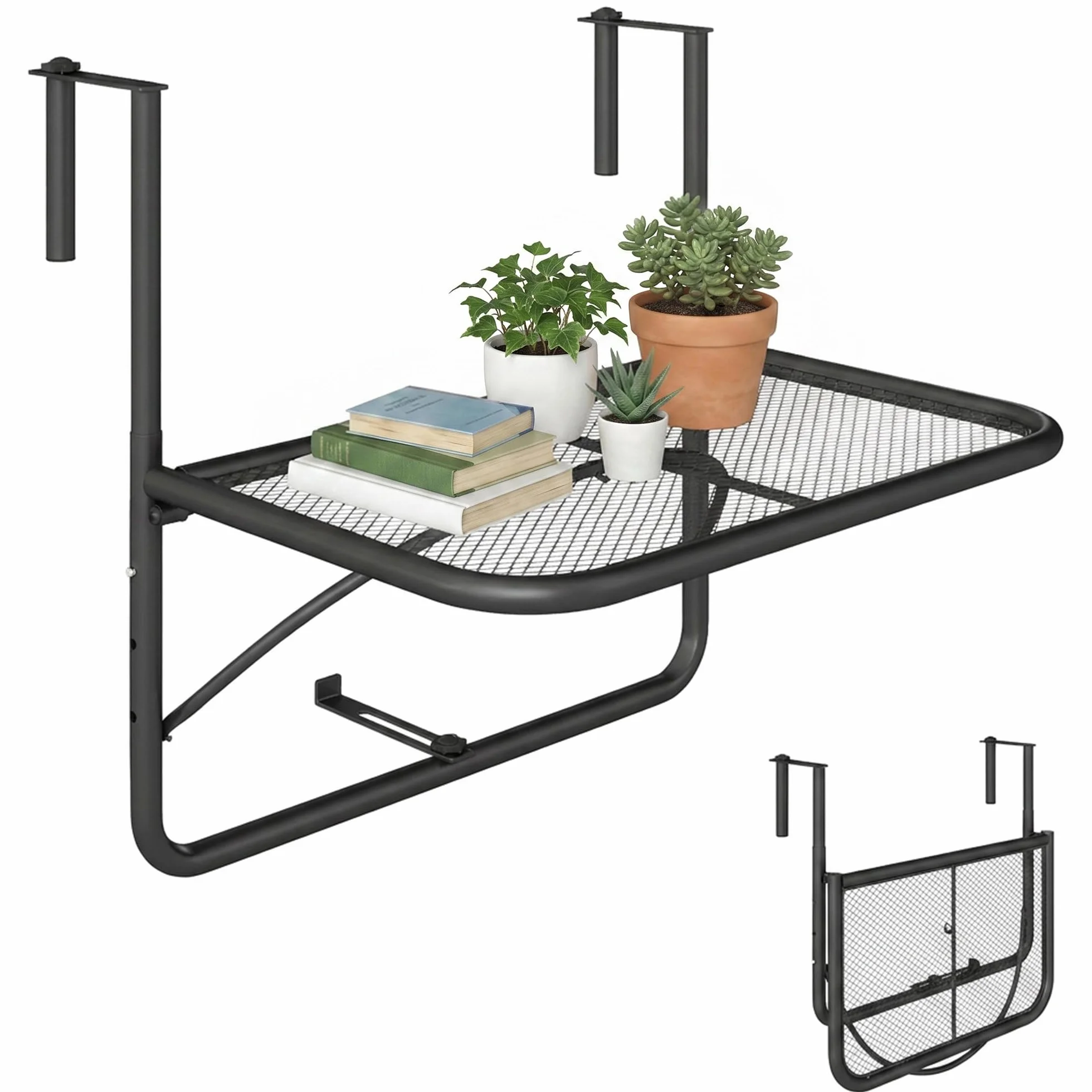 Outsunny Tavolino da Balcone Pieghevole in Metallo 3 Altezze Regolabili 60x56.5x45cm Nero