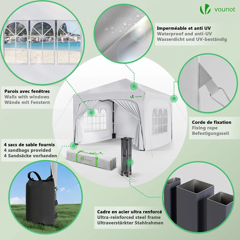 Gazebo Pieghevole 3x3m Impermeabile con Pareti Laterali, Tenda Esterno da Giardino Bianco
