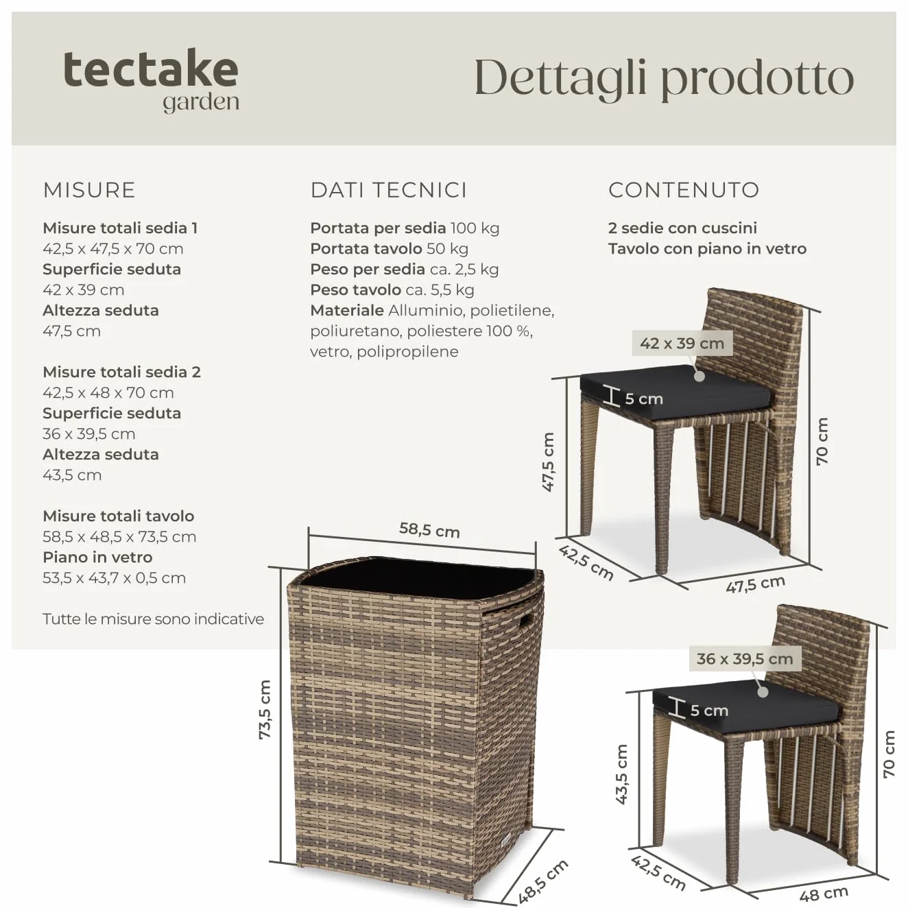 Set Bistrot Rattan Amburgo con Cuscini Idrorepellenti e Telaio in Alluminio