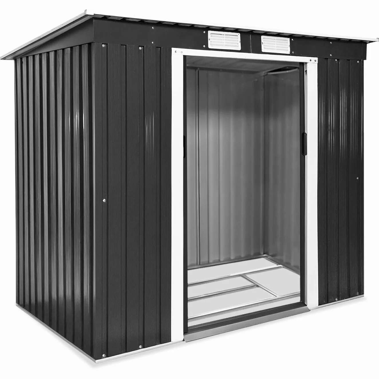 tectake® Casetta da Giardino in Lamiera, Box con Tetto Inclinato, Box da Giardino per Esterno con Porta Scorrevole, Lamiera in Acciaio, Fondamenta in Metallo - Grigio/Bianco