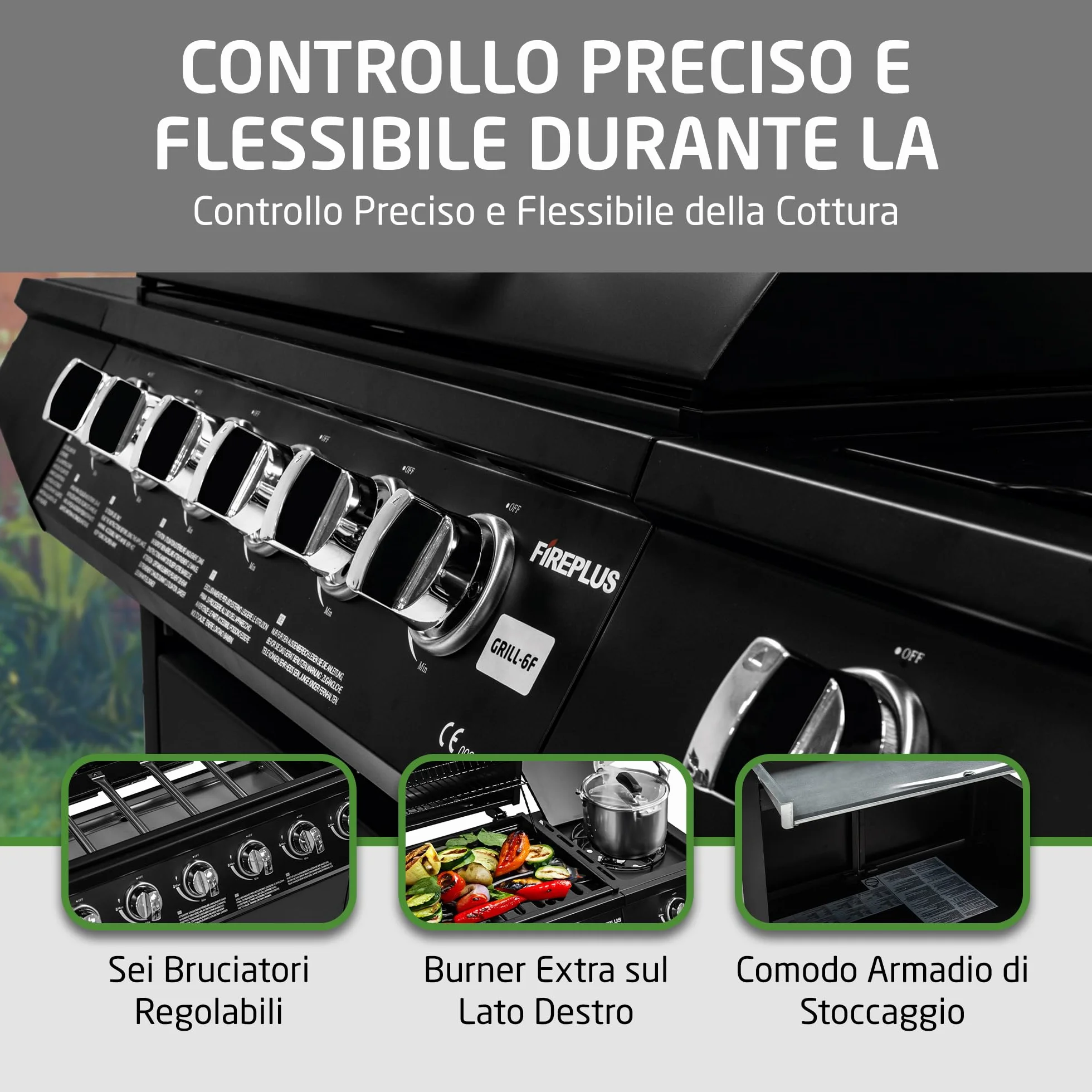 Barbecue a gas Fireplus 6+1 12,9 kW Acciaio inox nero GRILL-6F 7 bruciatori 138x52x103 cm