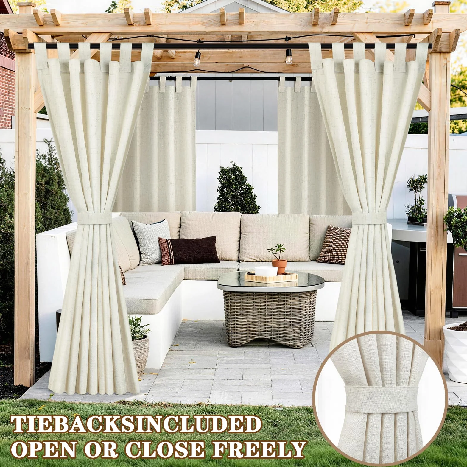 Tende da Esterno, 2 Pezzi Tende per Gazebo Antipioggia con Anelli, Lino Tenda per Esterno Impermeabili, Tenda Oscurante da Esterno per Terrazzo Porta Balcone Veranda Giardino Pergola(132x215cm,Beige)